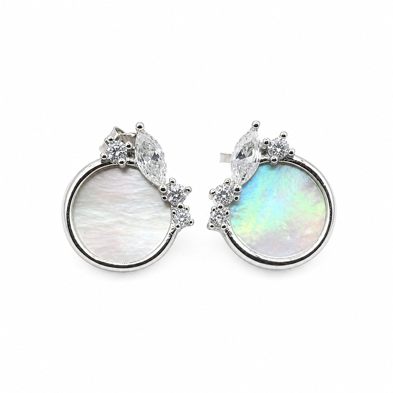 Silver Mother-of-Pearl Crystal Stud Earrings