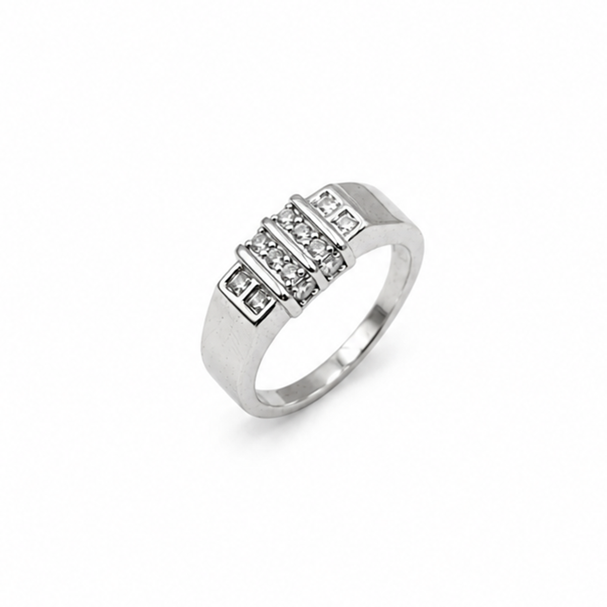 Silver Triple Block CZ Mens Band Ring