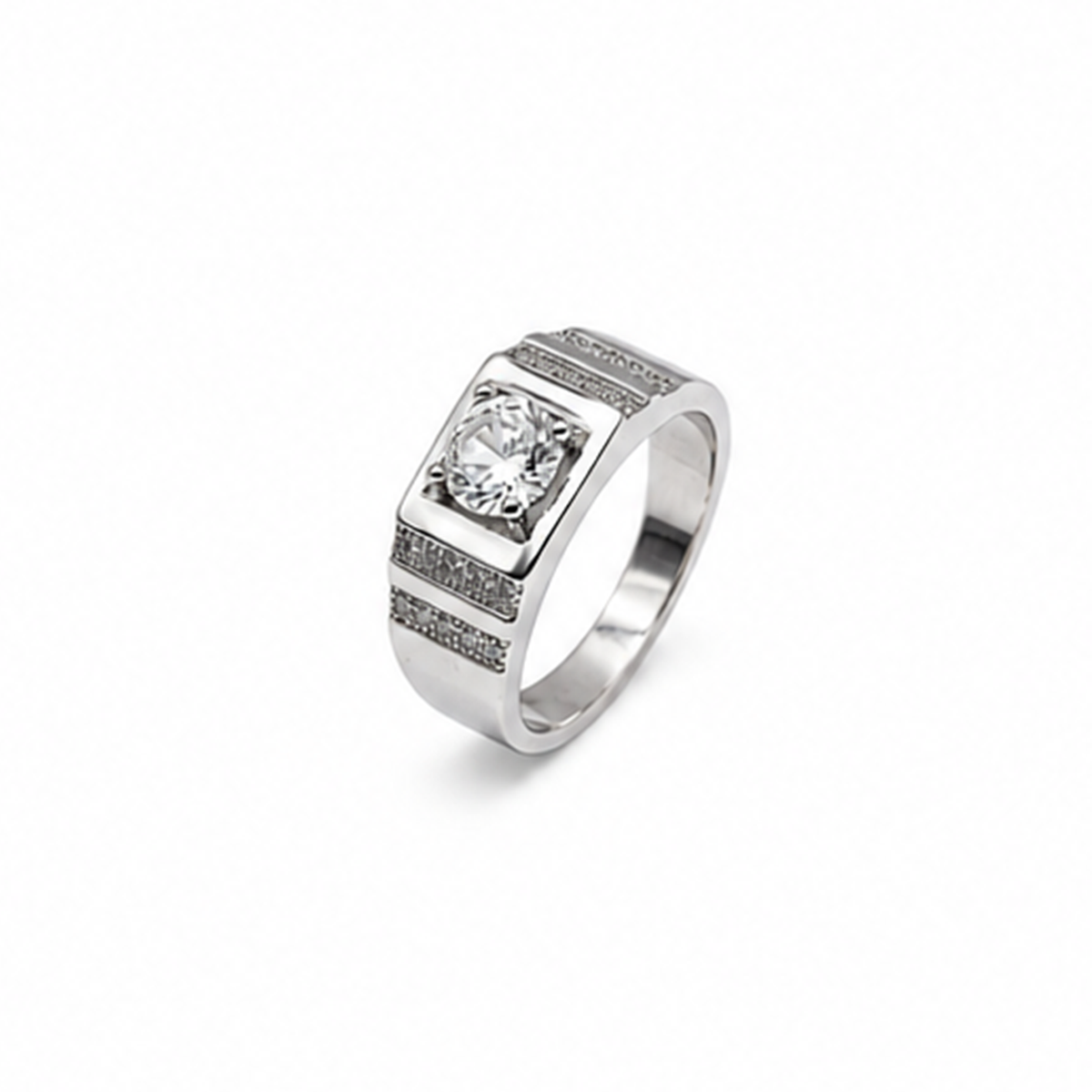Silver Round CZ Square Top Mens Ring