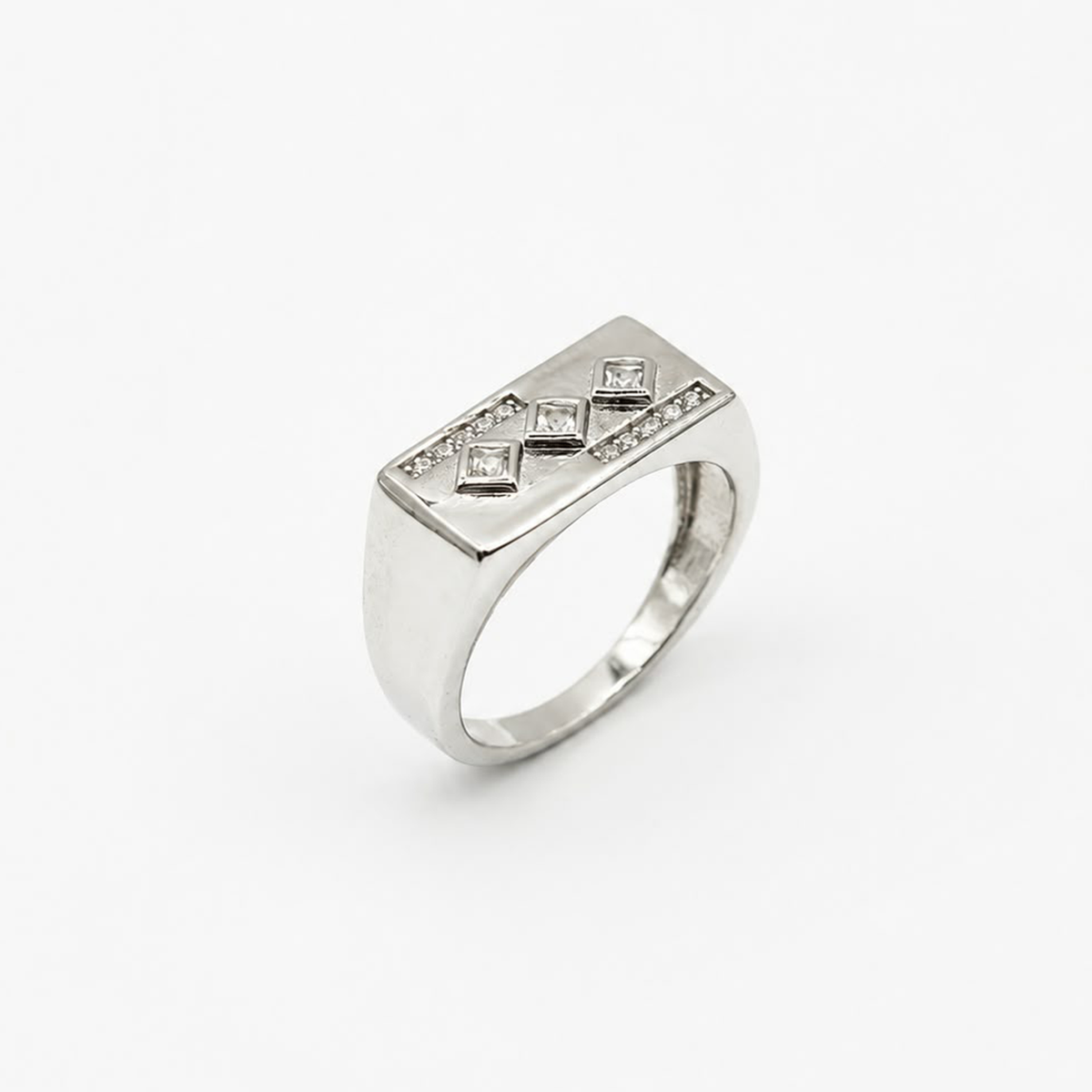 Silver Diamond Shape CZ Mens Signet Ring