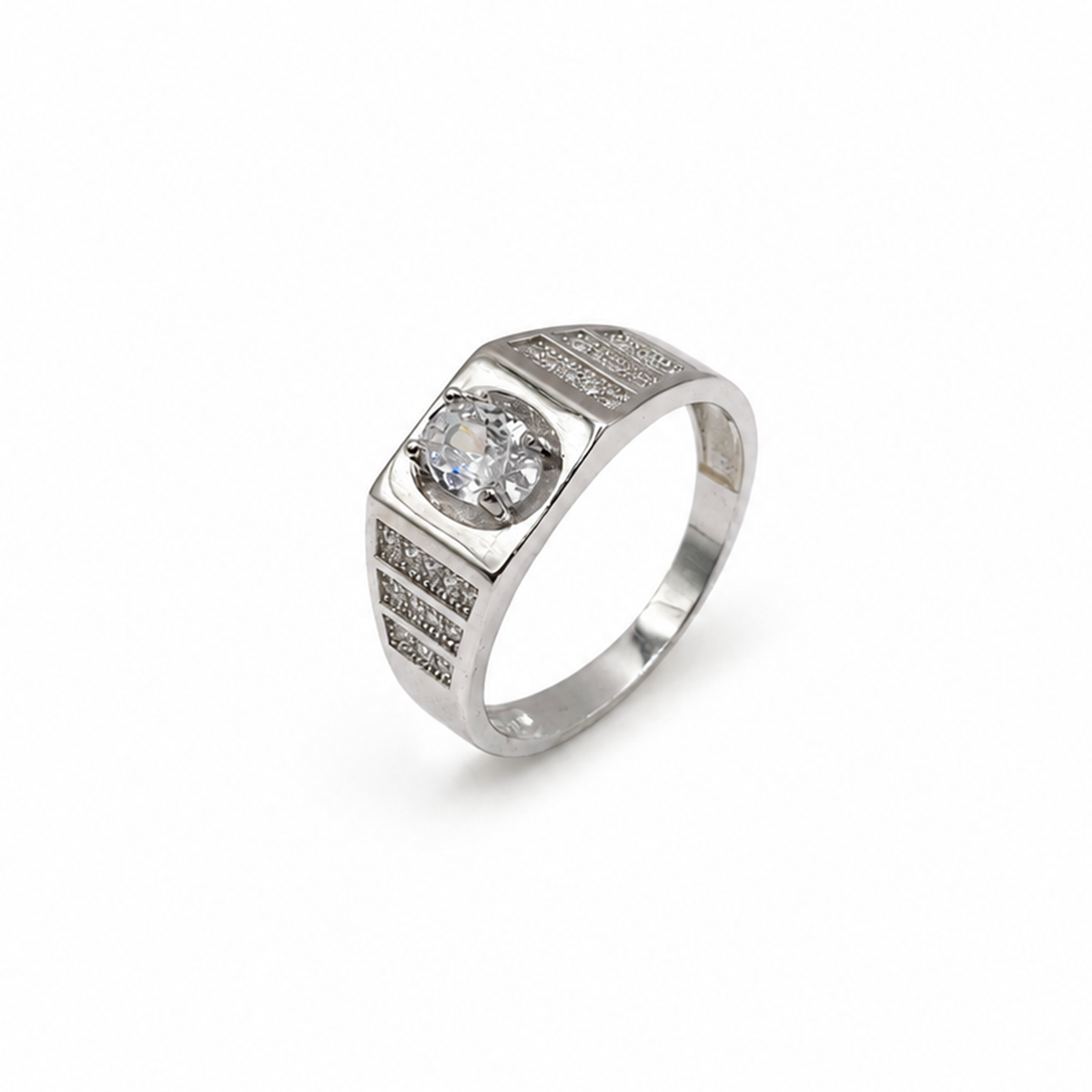 Silver Round CZ Pave Shoulder Mens Ring