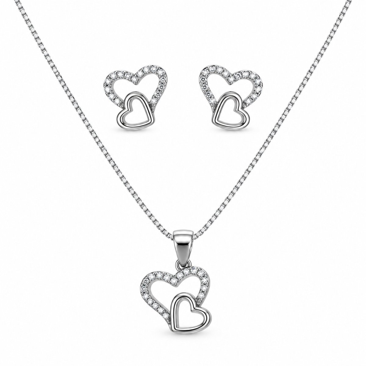 Silver Pavé Double Open Heart Necklace & Earring Set