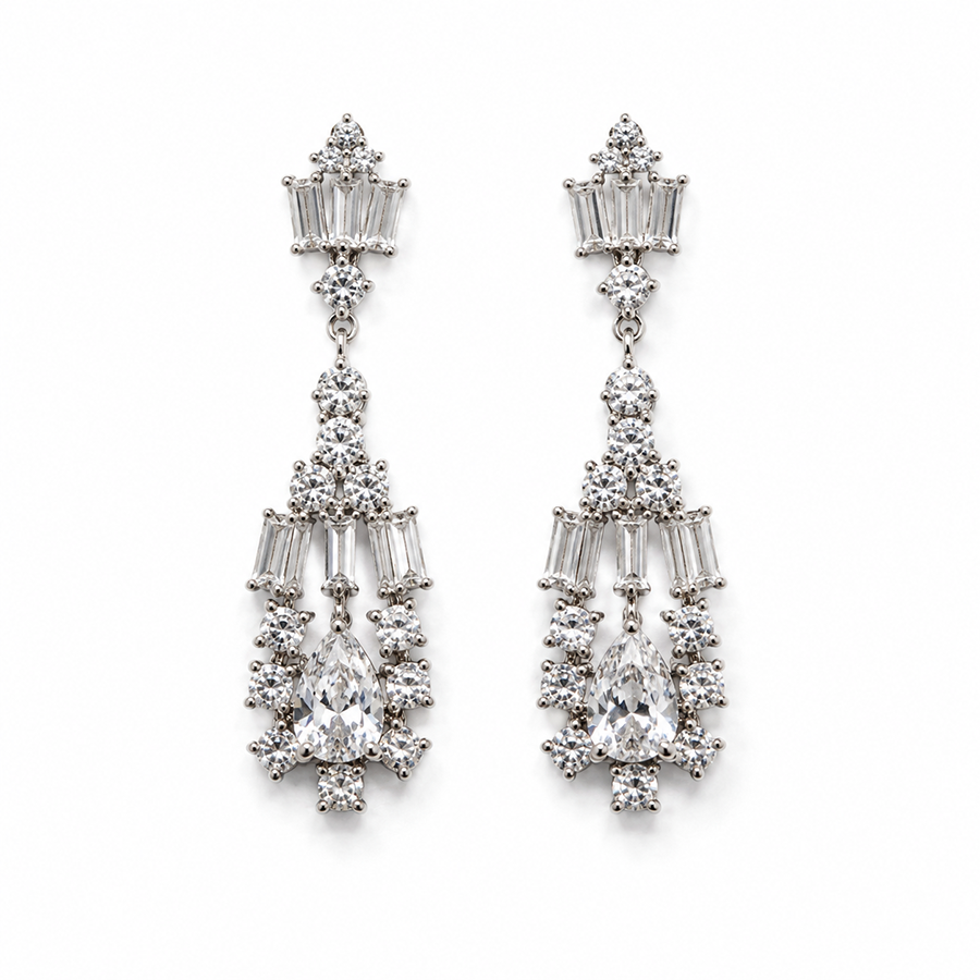 Silver Marquise and Baguette Cluster Drop Earrings
