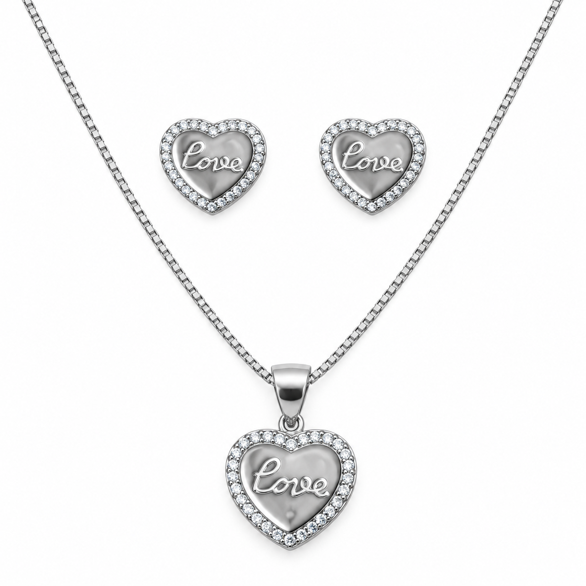 Silver Pavé Heart Pendant Necklace & Earring Set