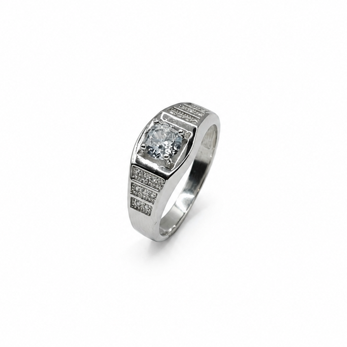 Silver Round CZ Channel Shoulder Mens Ring