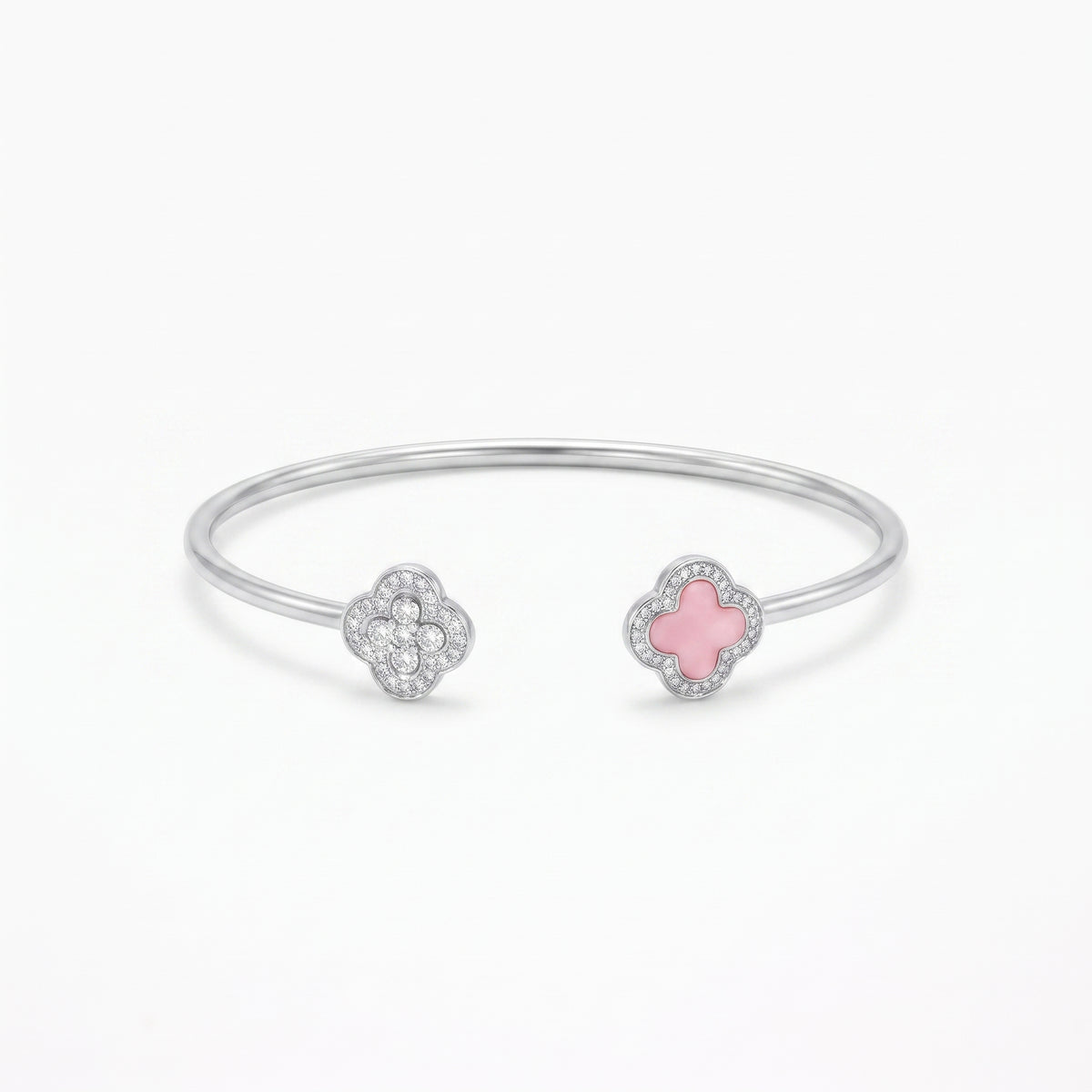 Silver Pink Clover Open Cuff Bracelet