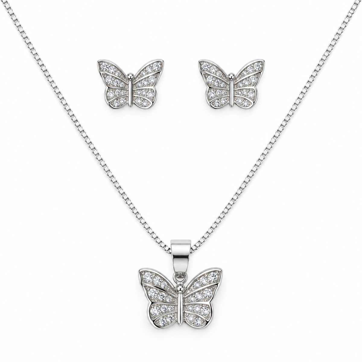 Silver Pavé Butterfly Necklace & Earring Set