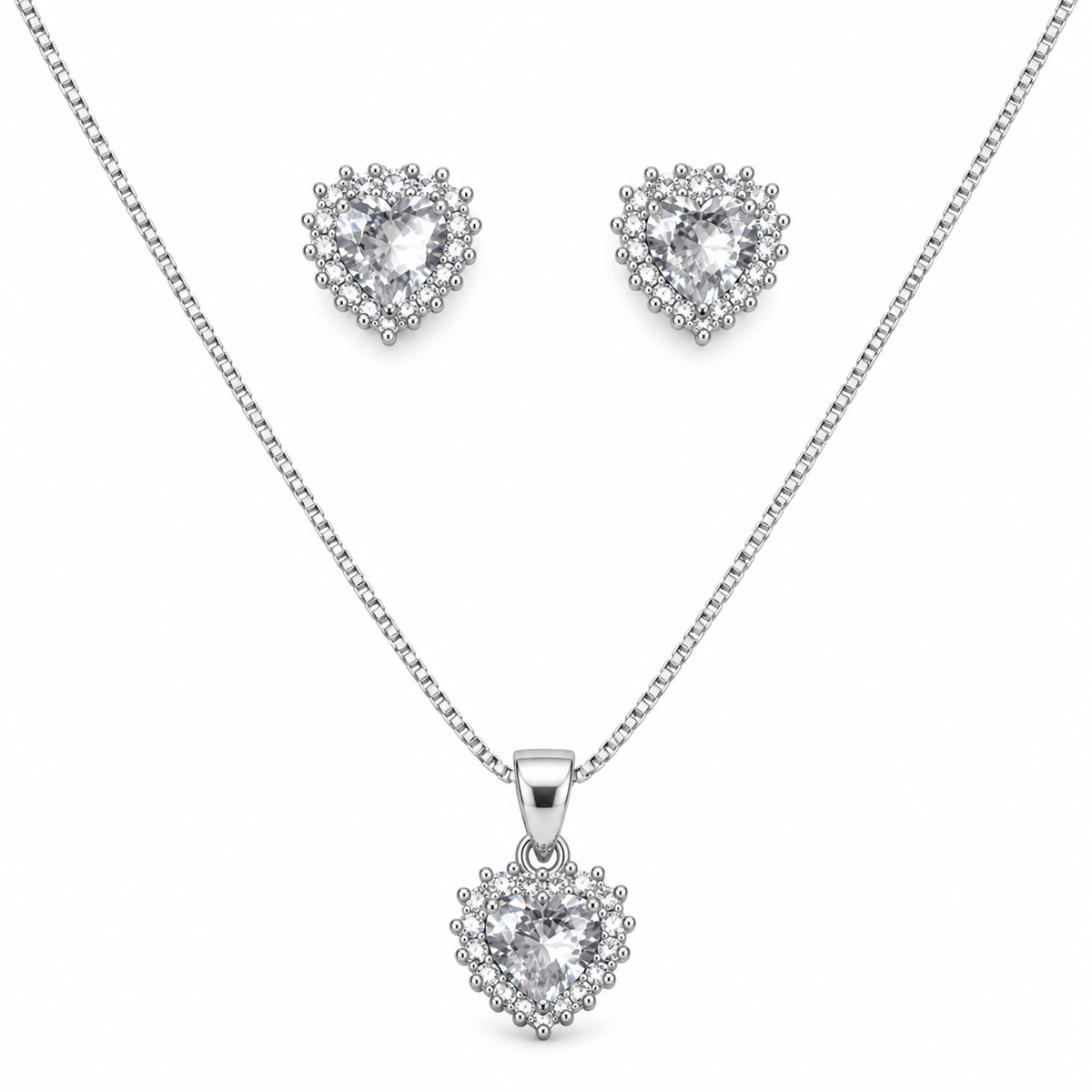 Silver Round Halo CZ Necklace & Earring Set