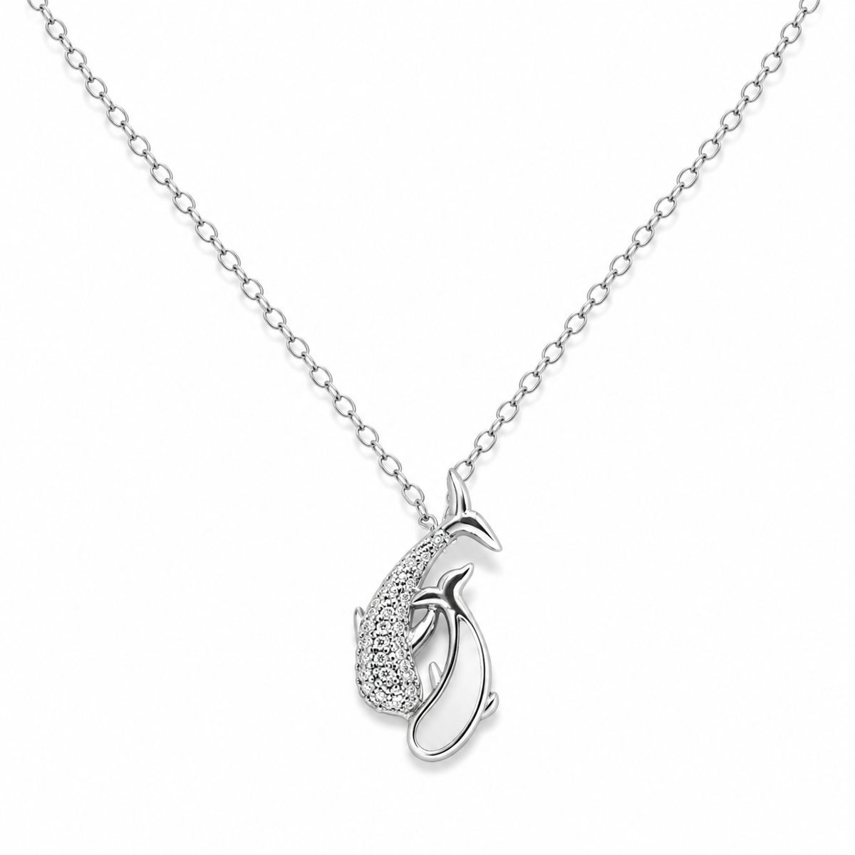 Silver Mother of Pearl Twin Dolphin Pendant Necklace