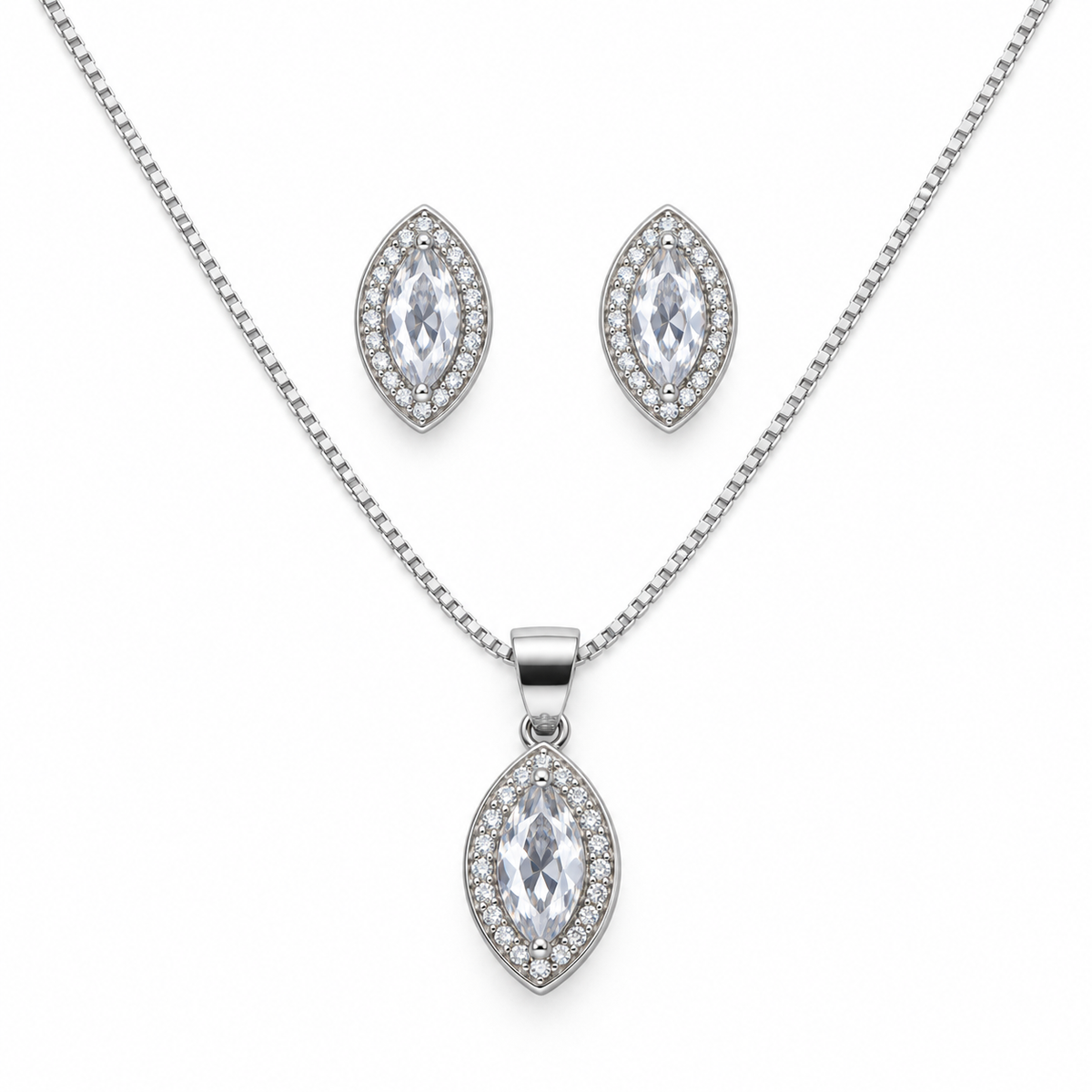 Silver Marquise Halo Pendant & Earring Set