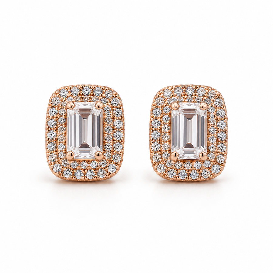 Silver Square Halo CZ Stud Earrings