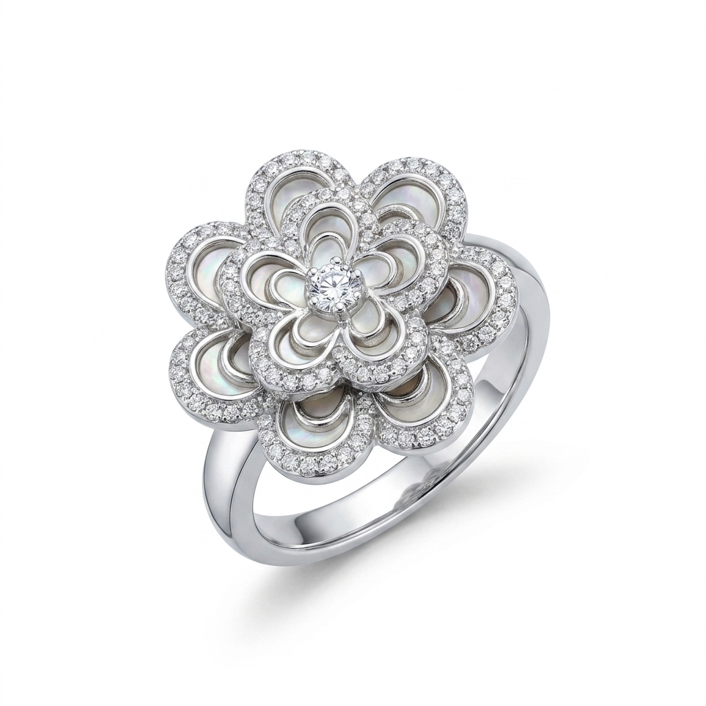 Close-up front angle of the multi-layered 3D Flower silver ring against a plain white background.