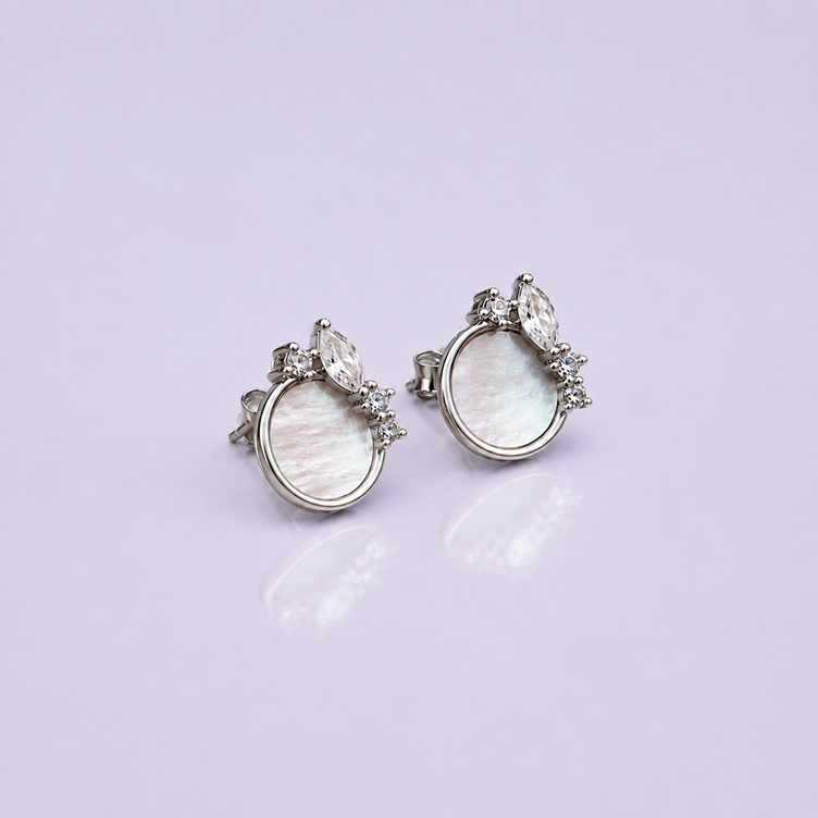Silver Mother-of-Pearl Crystal Stud Earrings