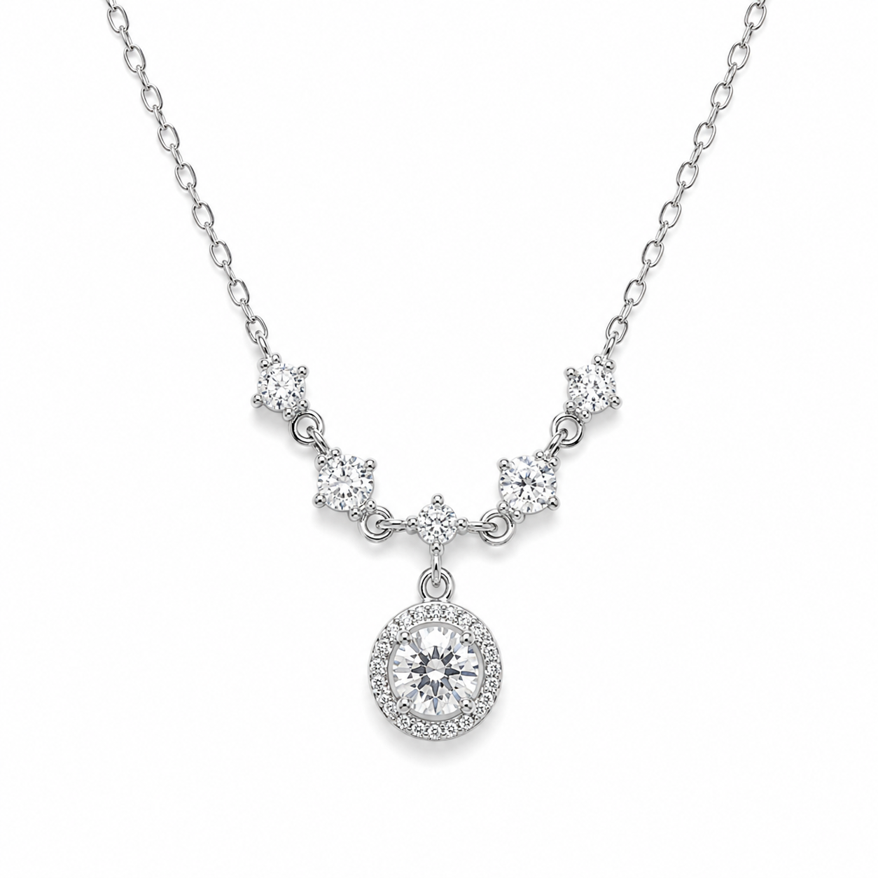 Silver Round Halo Pendant Necklace