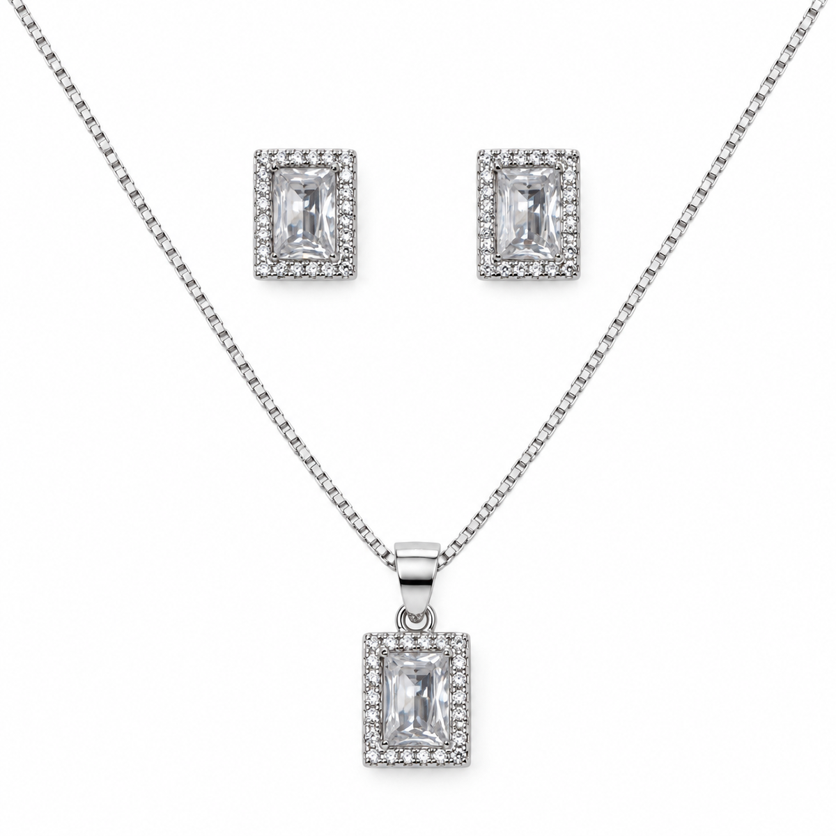 Silver Square Halo CZ Necklace & Earring Set