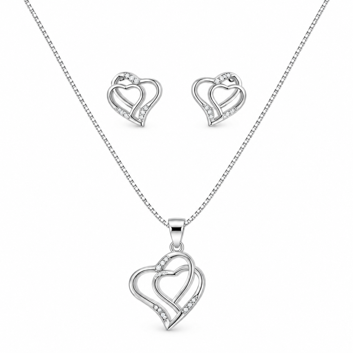 Silver Interlocking Open Heart Pendant & Earring Set