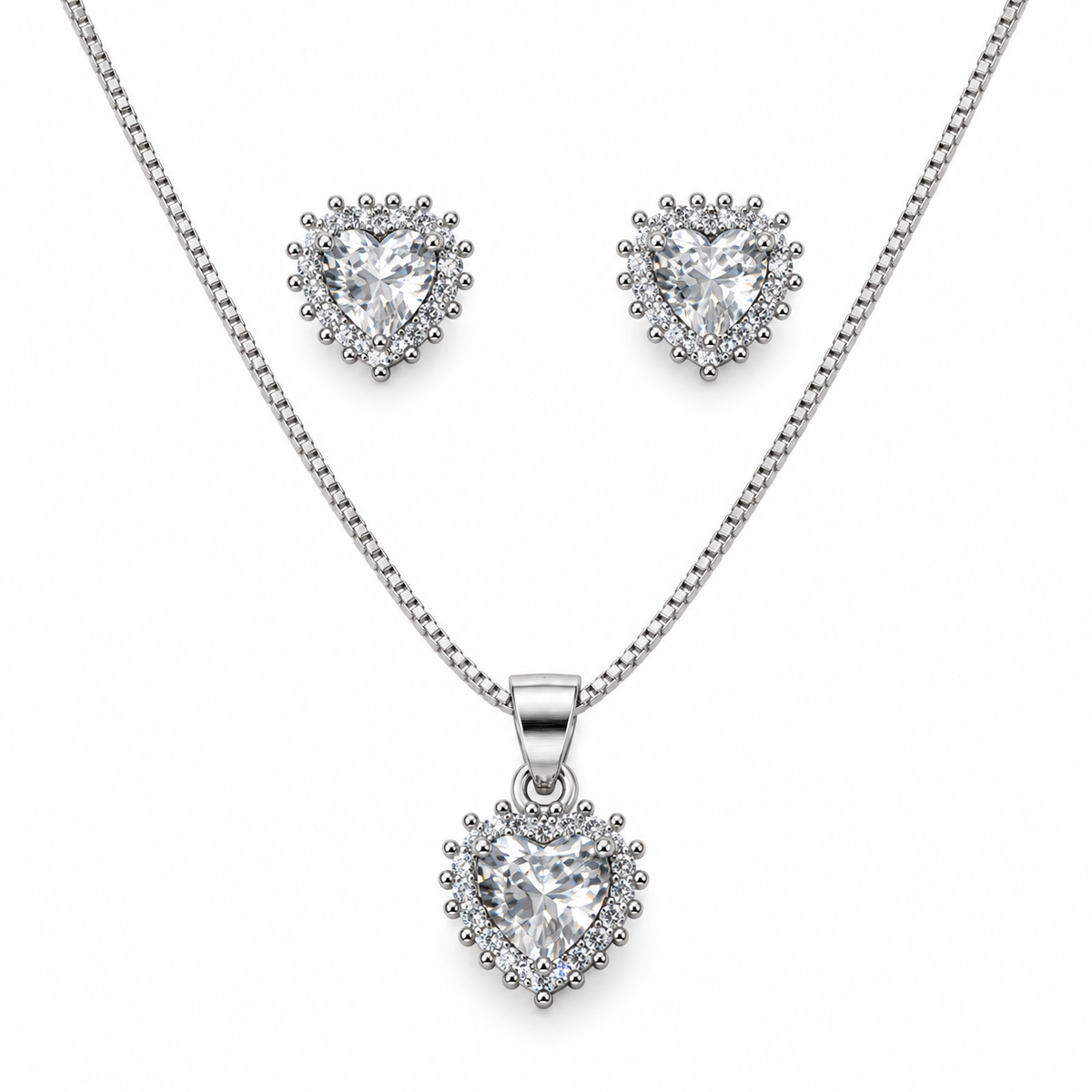 Silver Heart Halo CZ Necklace & Earring Set