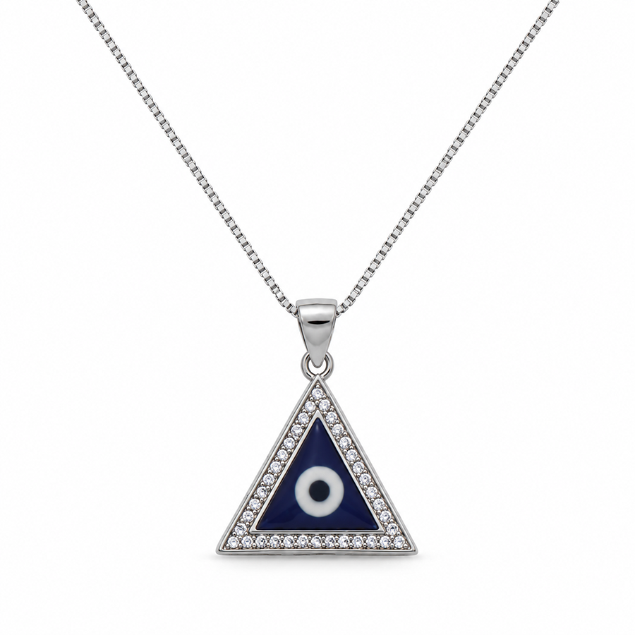 Silver Blue Evil Eye Triangle Pendant