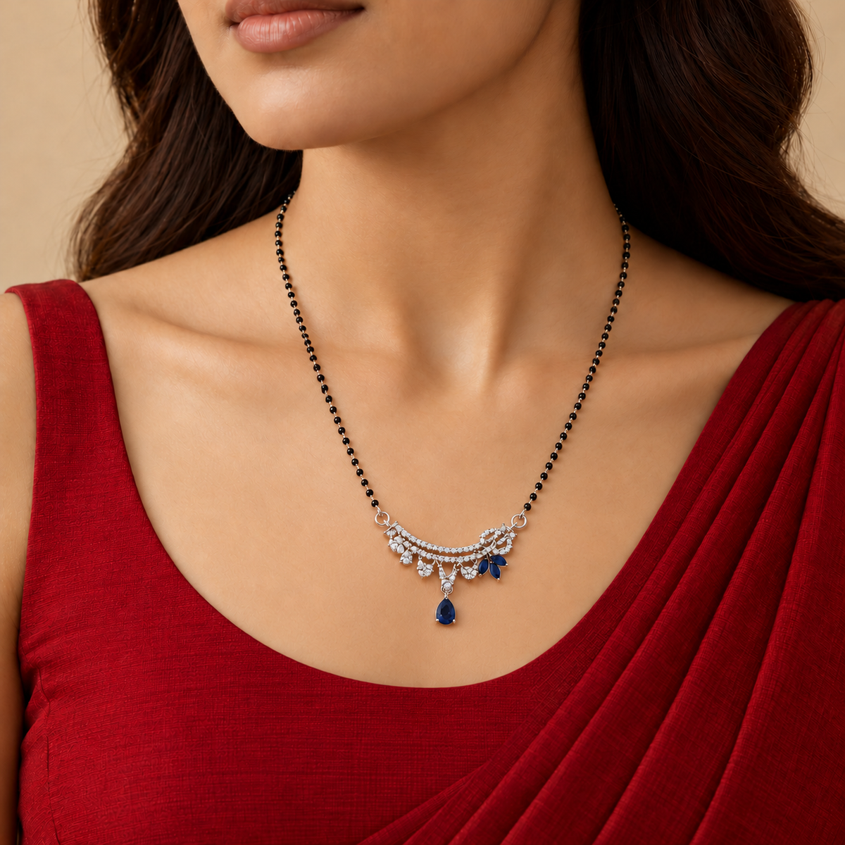 Silver Blue Stone Marquise Drop Mangalsutra