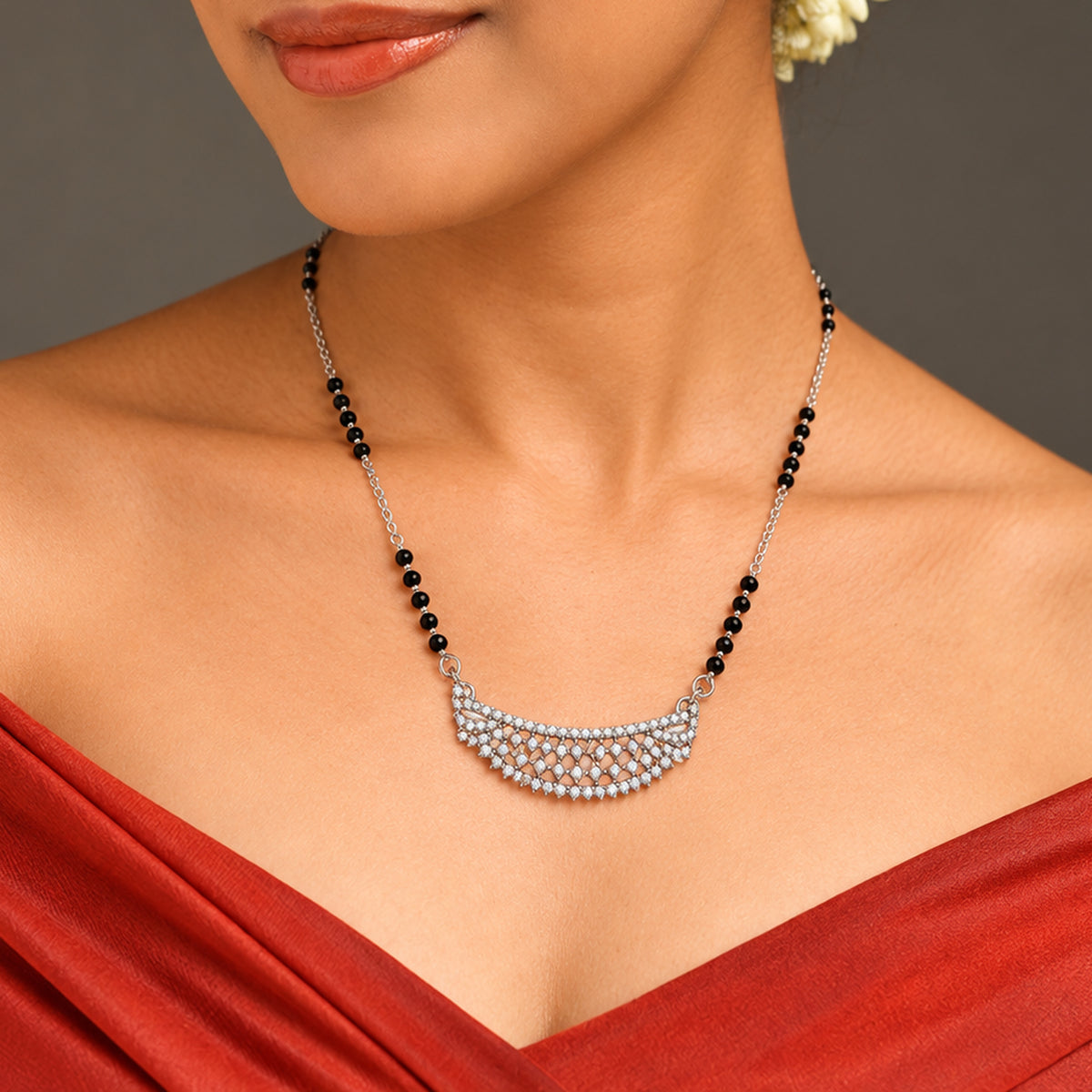 Silver Dense Pave Crescent Mangalsutra
