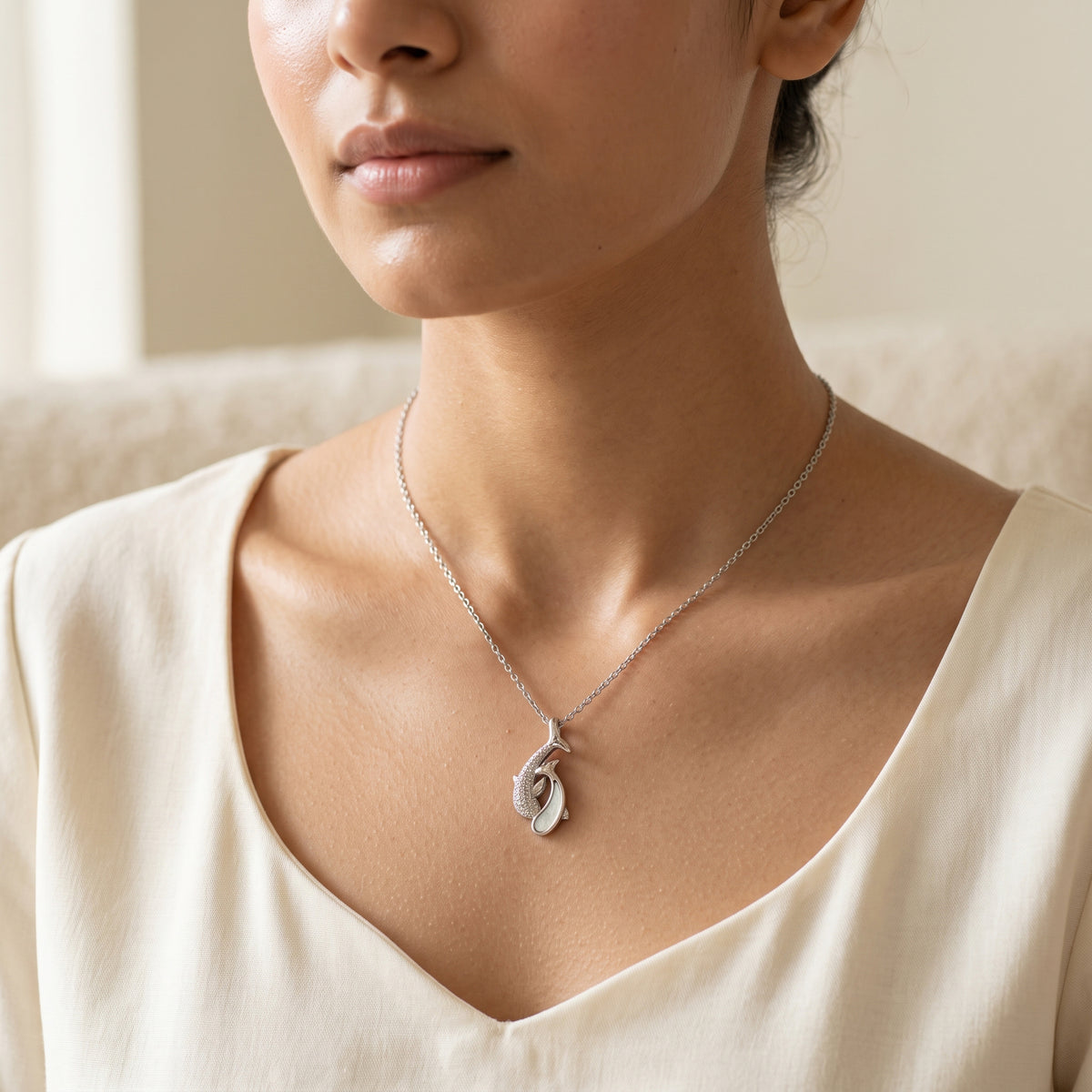 Silver Mother of Pearl Twin Dolphin Pendant Necklace
