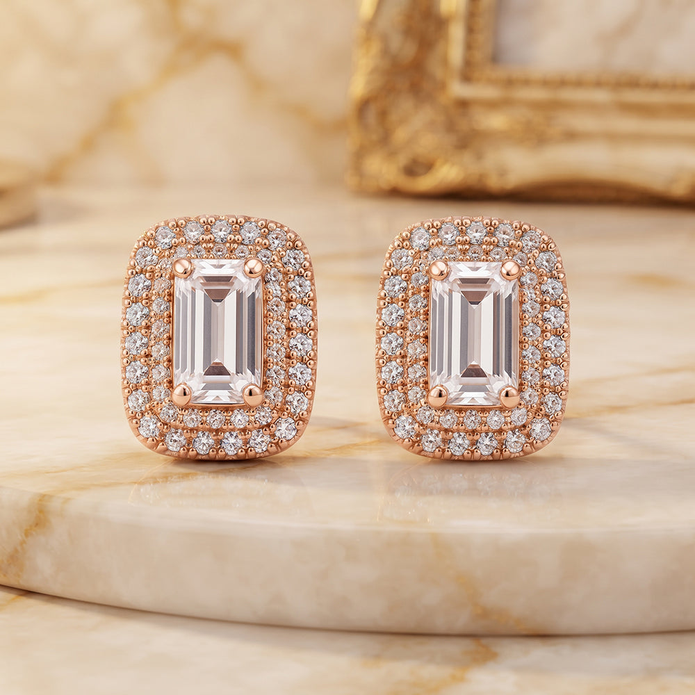 Silver Square Halo CZ Stud Earrings