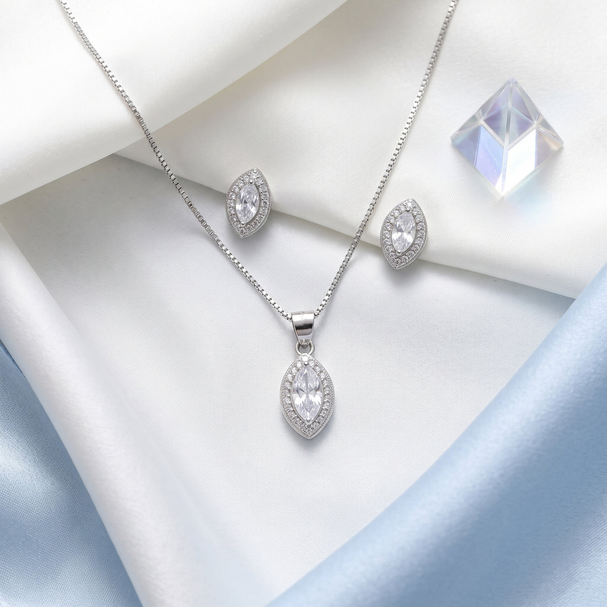 Silver Marquise Halo Pendant & Earring Set