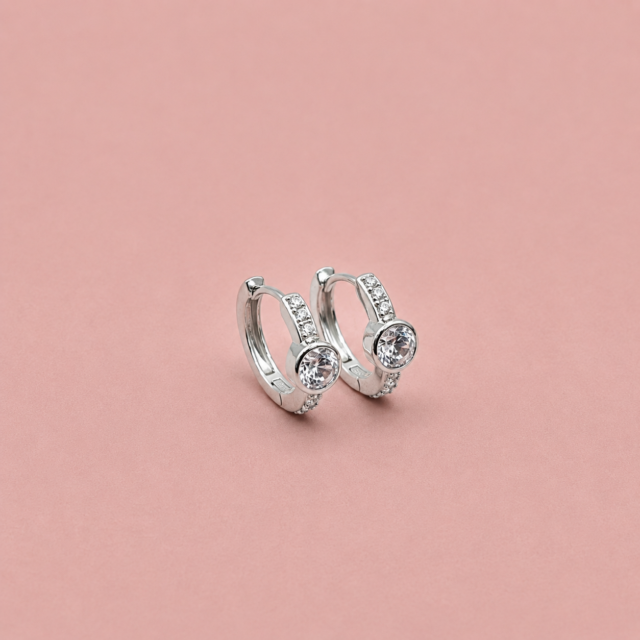 Silver CZ Solitaire Huggie Earrings