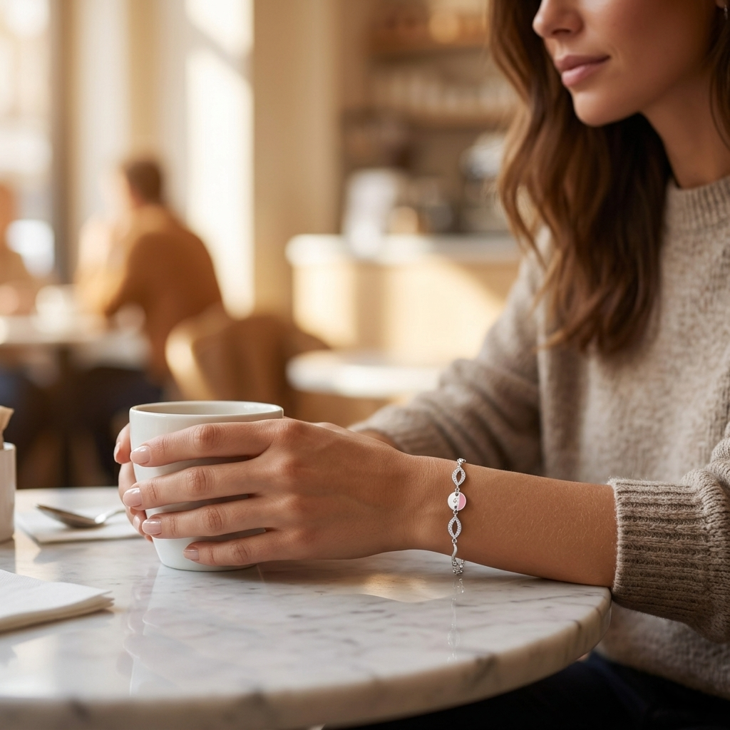Woman holding a white coffee mug while wearing the Pink Enamel & Pave Leaf Silver Bracelet, demonstrating its versatile everyday style in a warm cafe setting