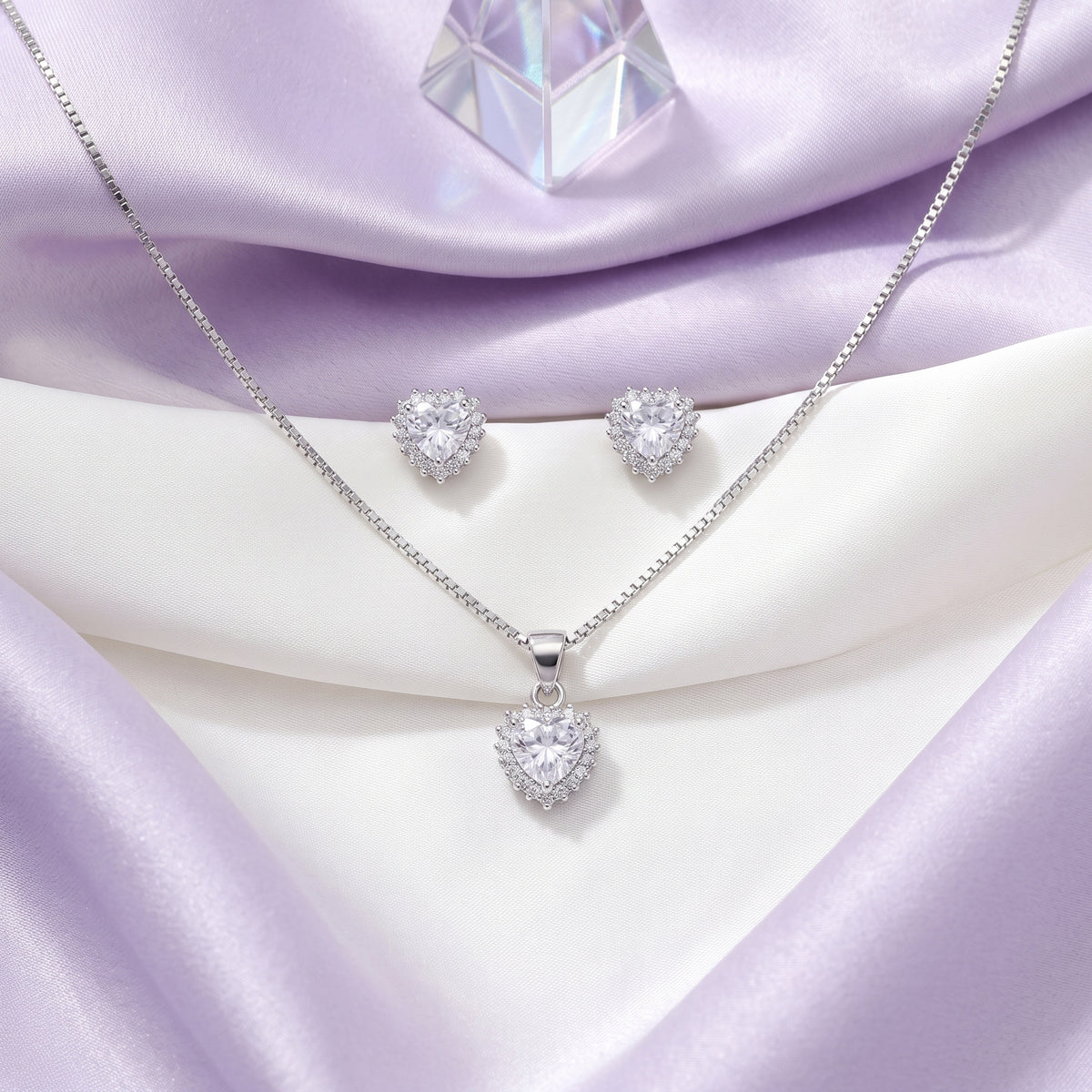 Silver Heart Halo CZ Necklace & Earring Set