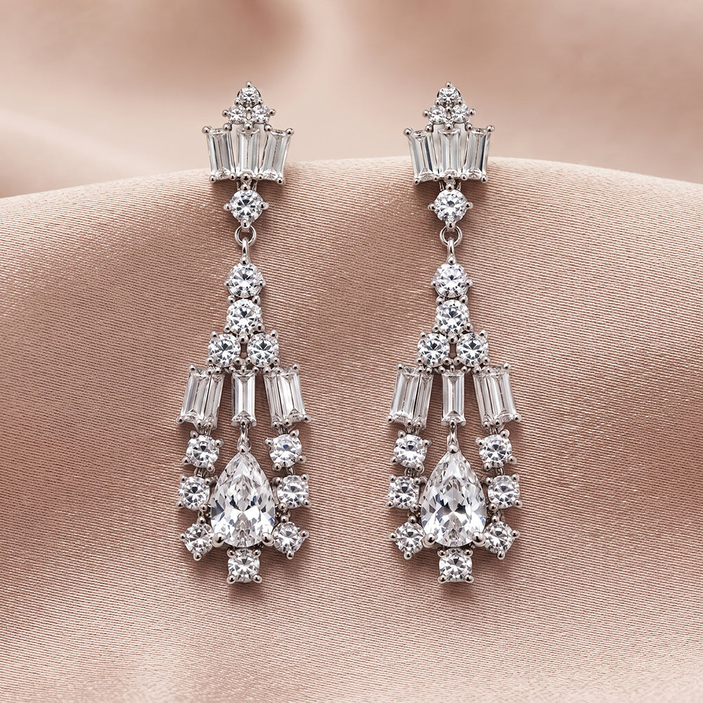 Silver Marquise and Baguette Cluster Drop Earrings