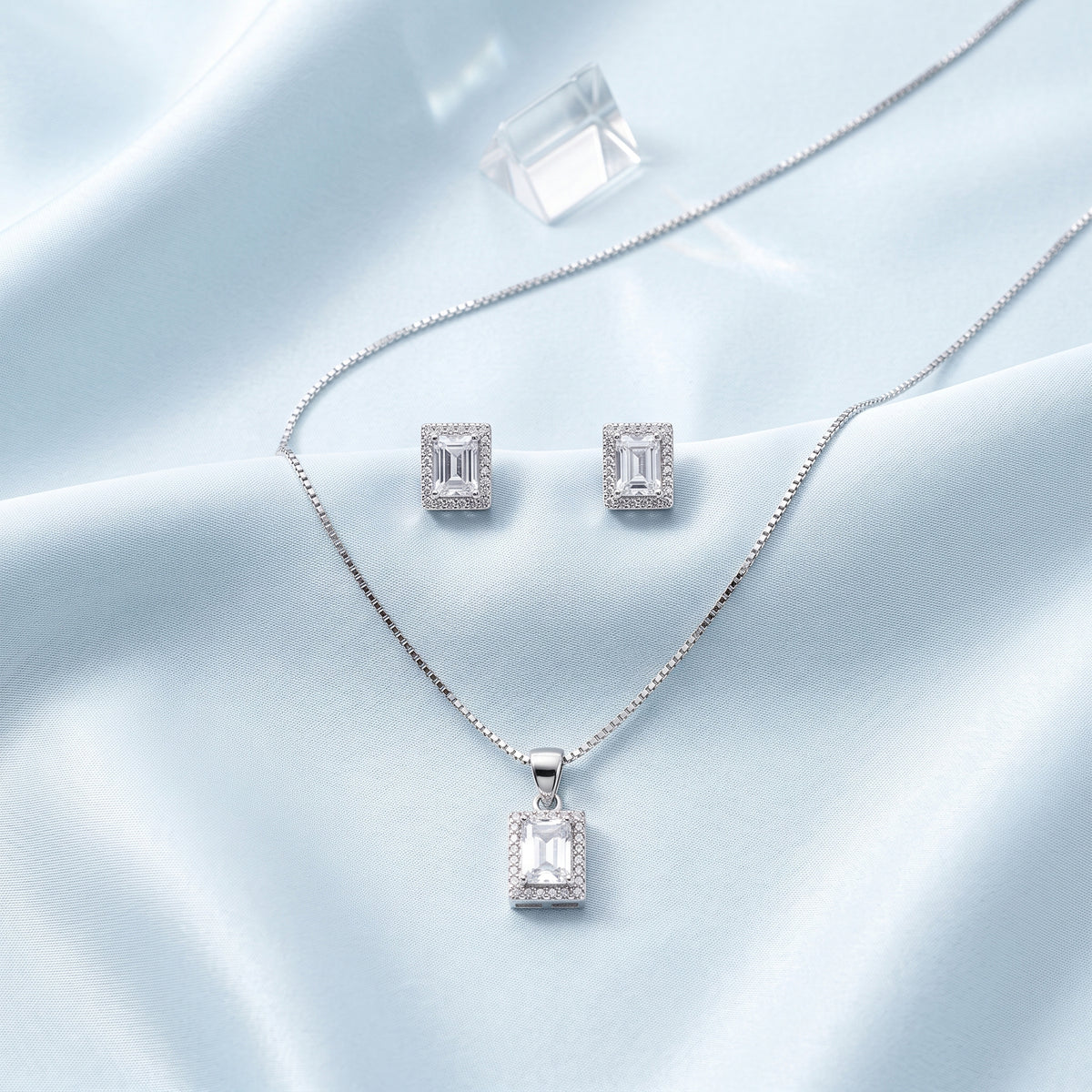 Silver Square Halo CZ Necklace & Earring Set
