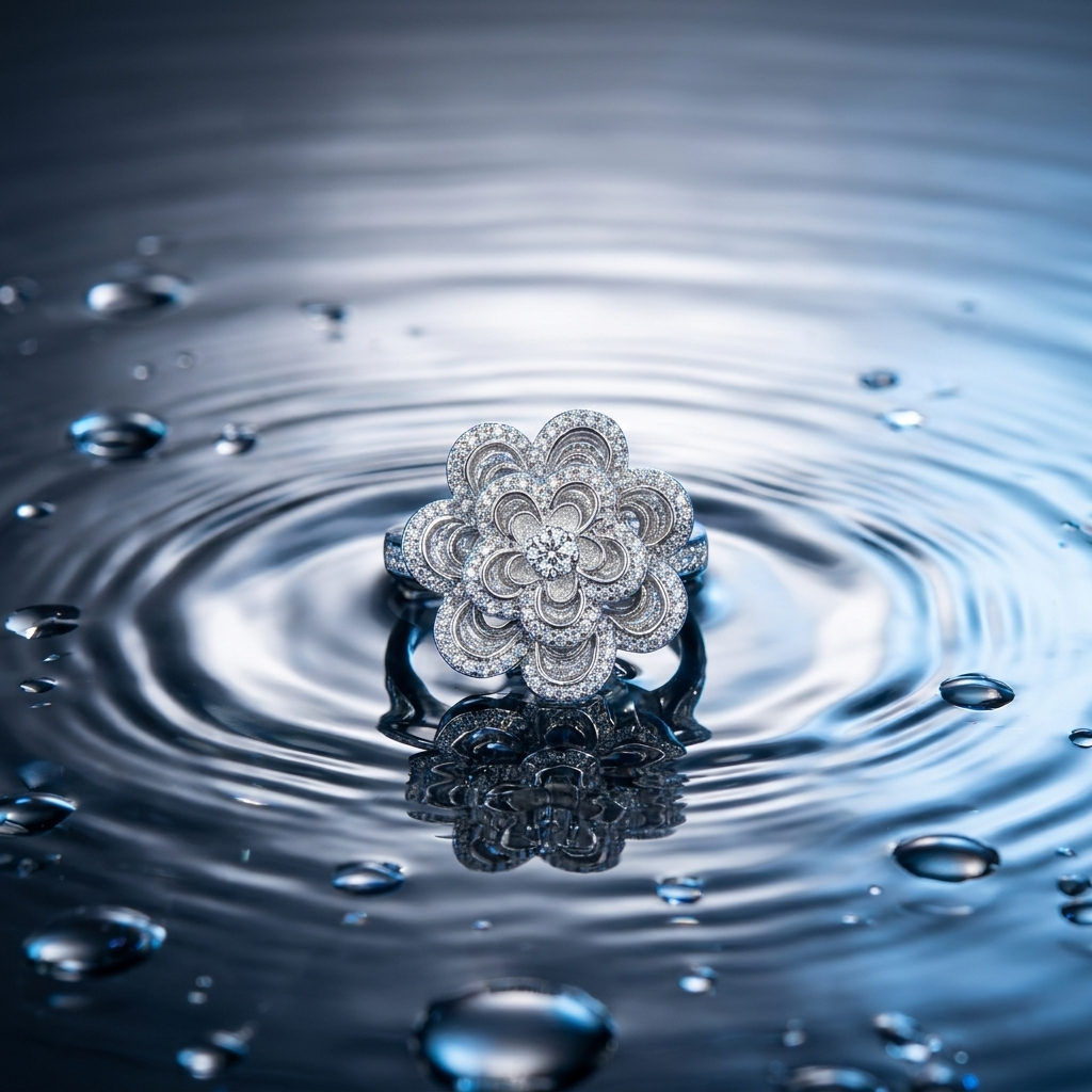 3D Flower Design Silver Ring set on a rippling water surface reflecting its brilliant stone details