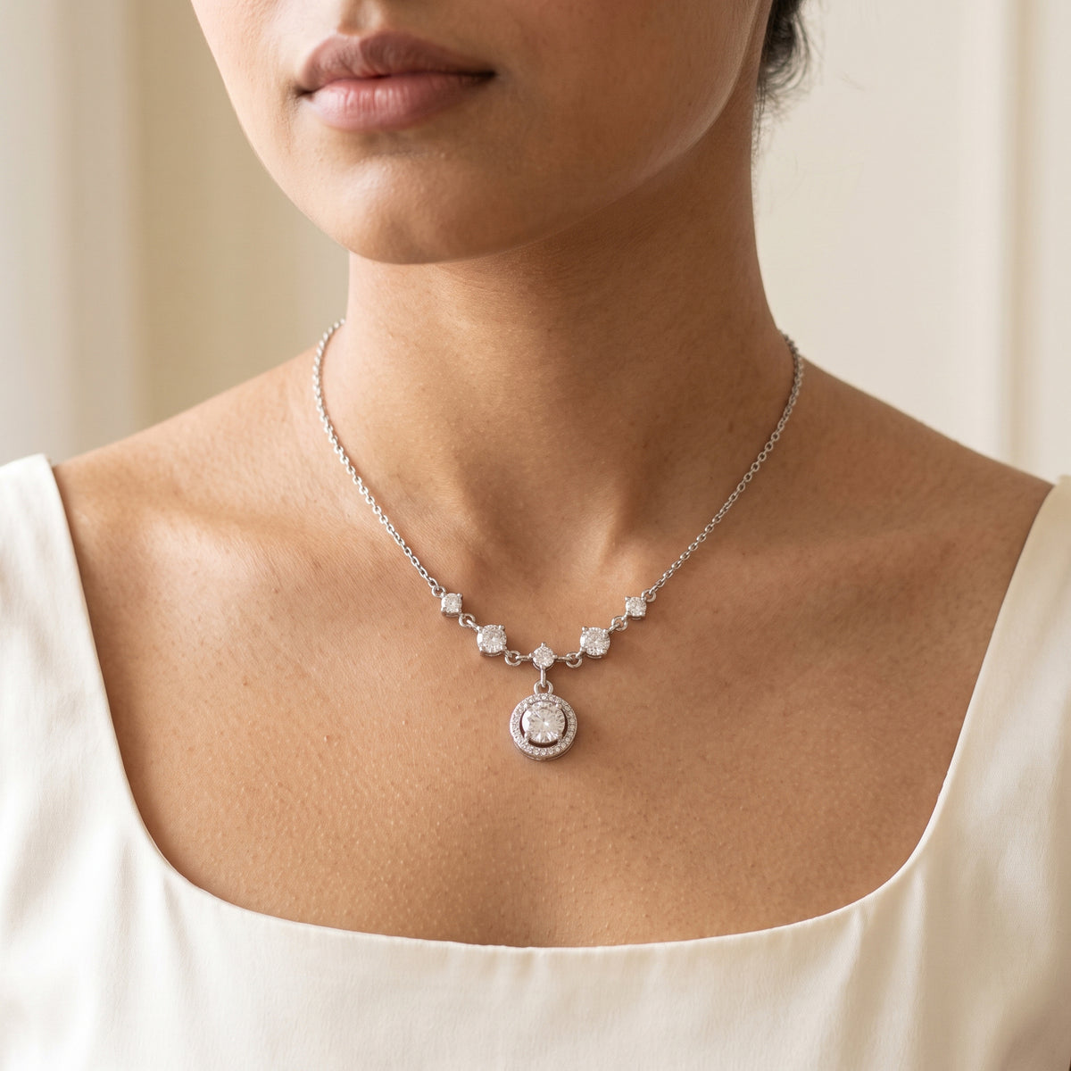 Silver Round Halo Pendant Necklace