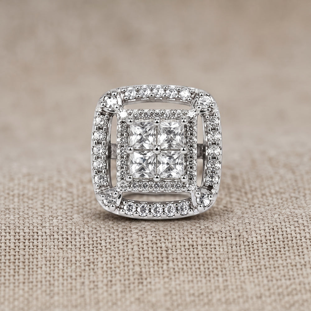 Silver Cushion Halo Stud Earrings