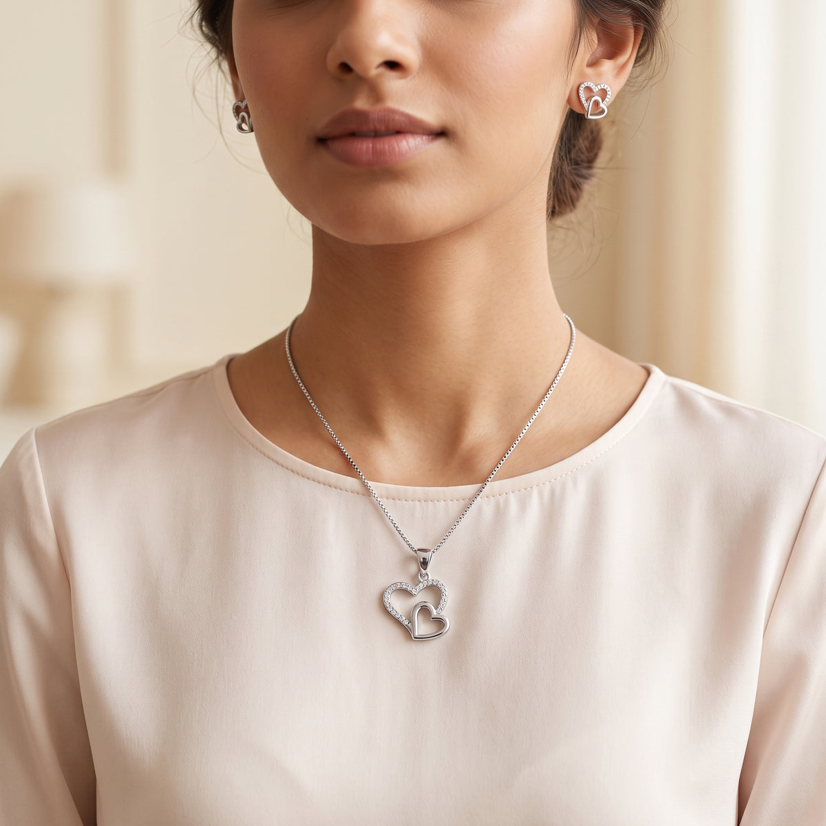 Silver Pavé Double Open Heart Necklace & Earring Set