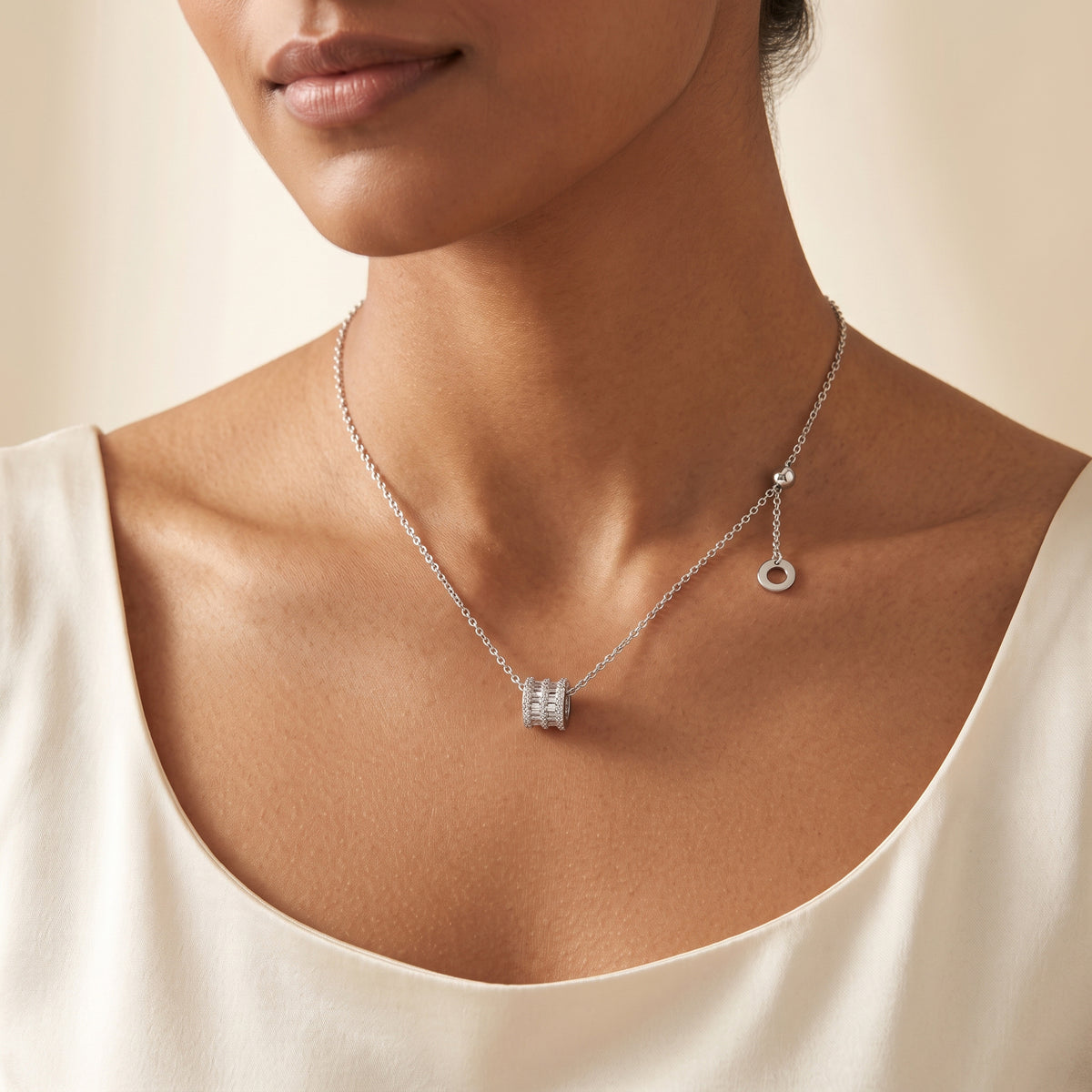 Silver Baguette Barrel Pendant Necklace
