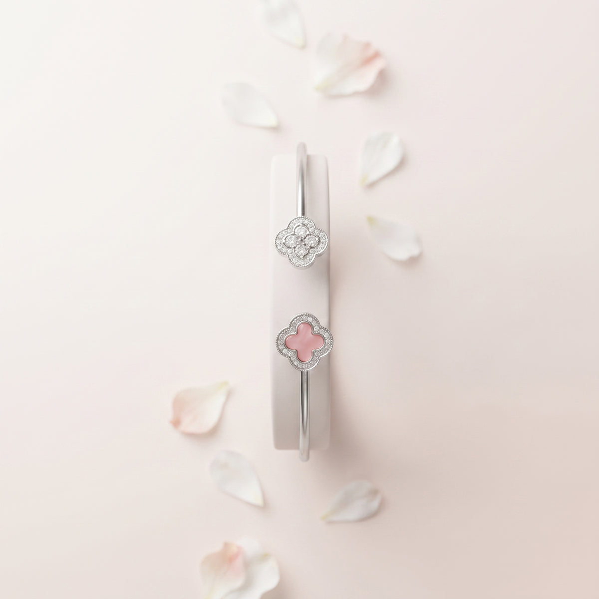 Silver Pink Clover Open Cuff Bracelet