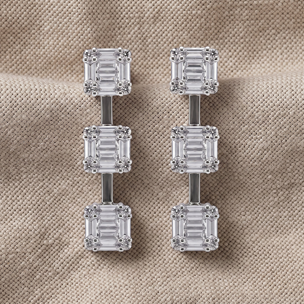 Silver Three Stone Drop Earrings