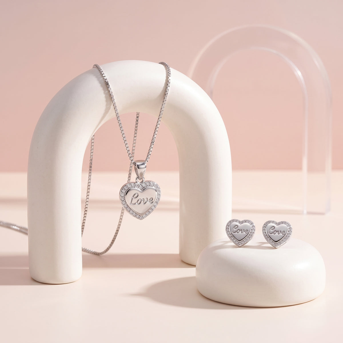 Silver Pavé Heart Pendant Necklace & Earring Set