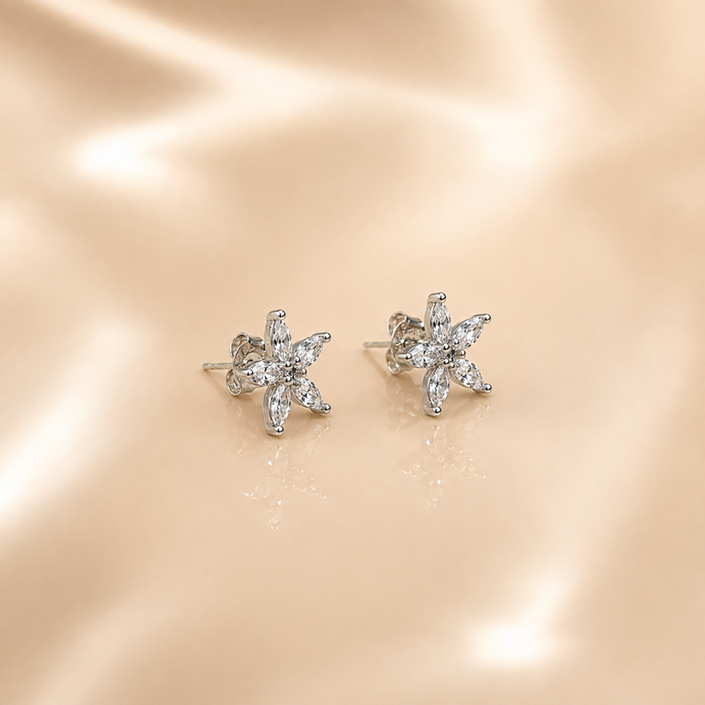 Silver Sparkling Flower Stud Earrings