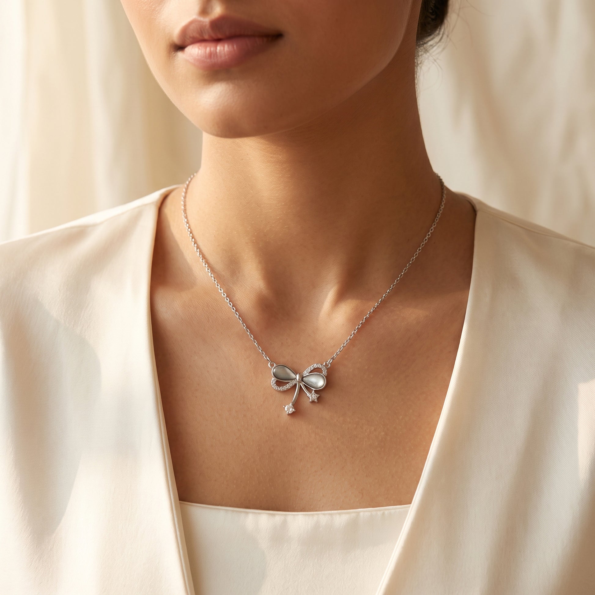 Silver Pearl Bow Pendant Necklace