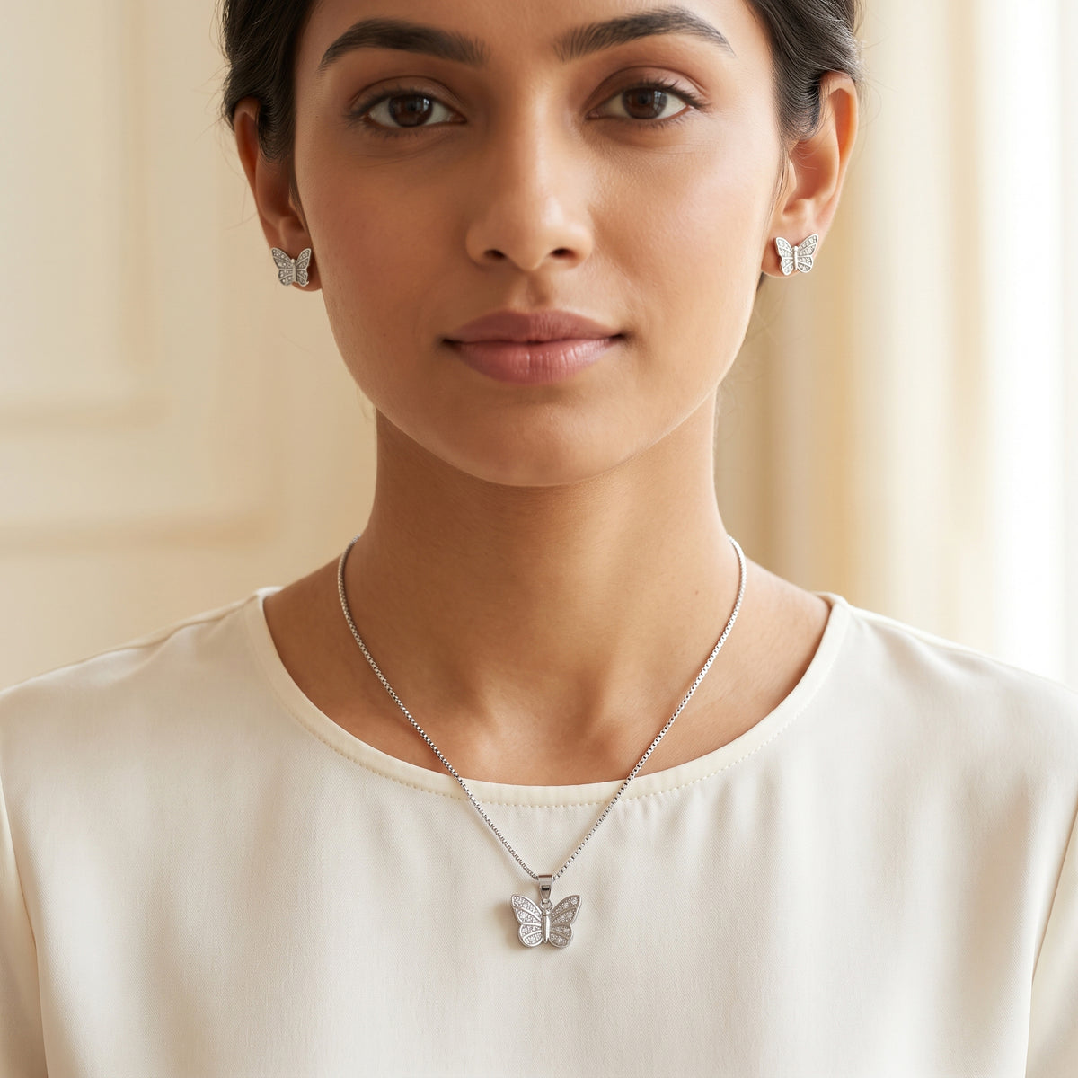 Silver Pavé Butterfly Necklace & Earring Set