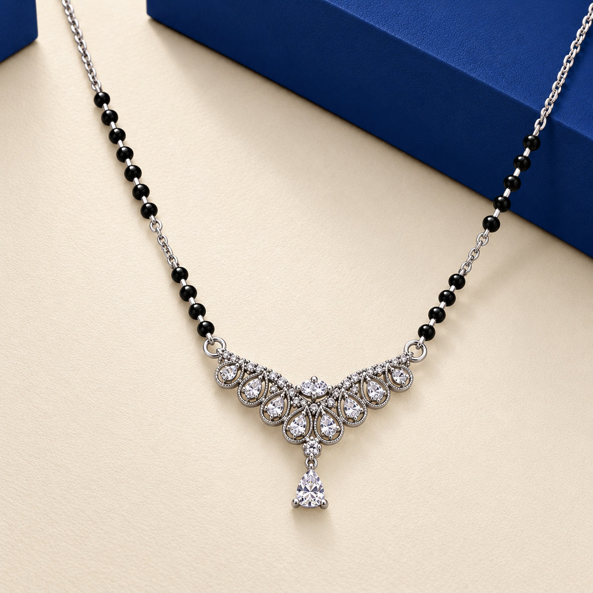 Silver Scalloped Fan Pear Drop Mangalsutra
