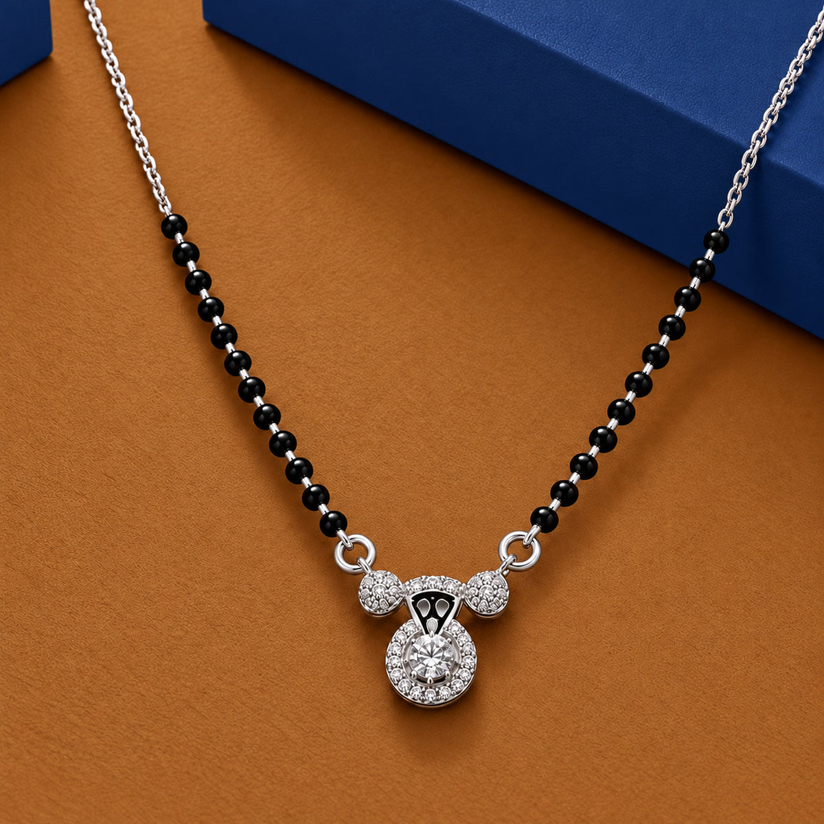 Silver Round Halo Solitaire Mangalsutra