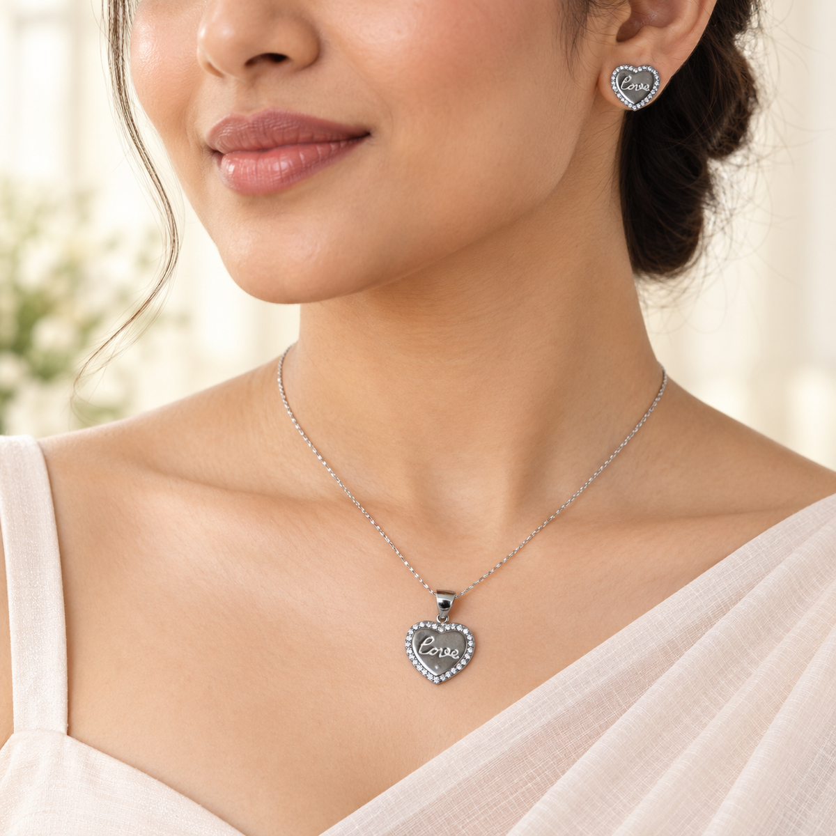 Silver Pavé Heart Pendant Necklace & Earring Set