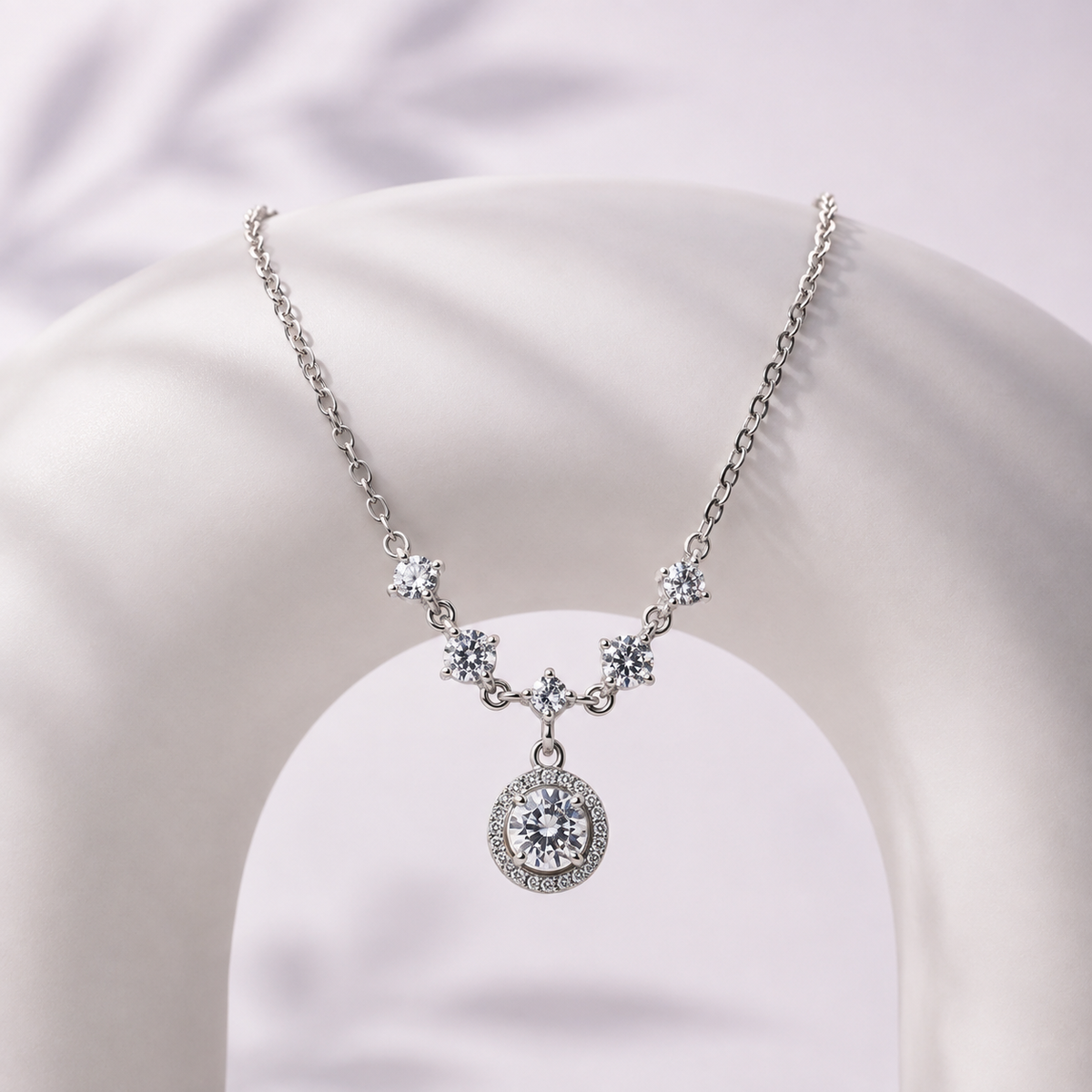 Silver Round Halo Pendant Necklace
