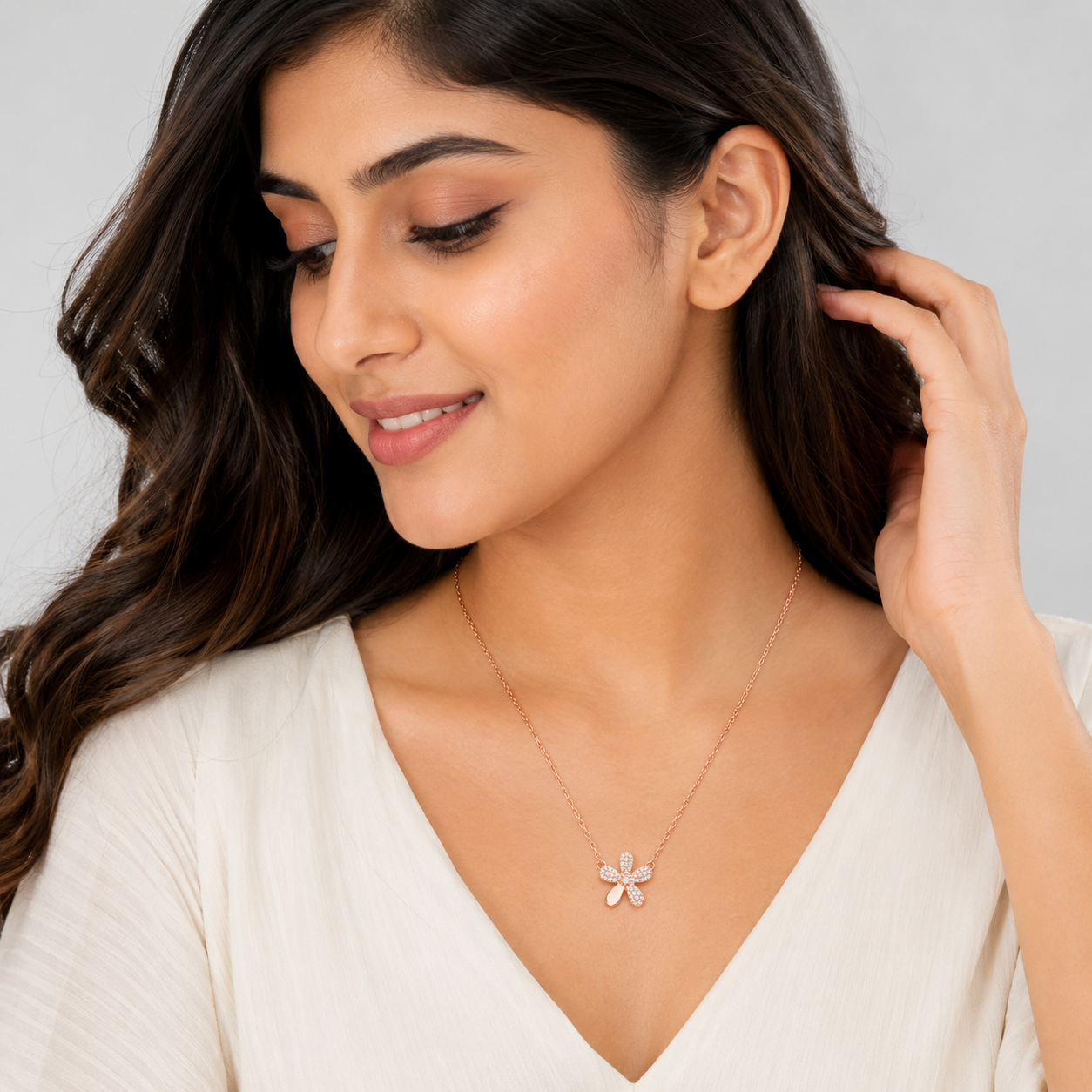 Silver Pave Flower Pendant Necklace