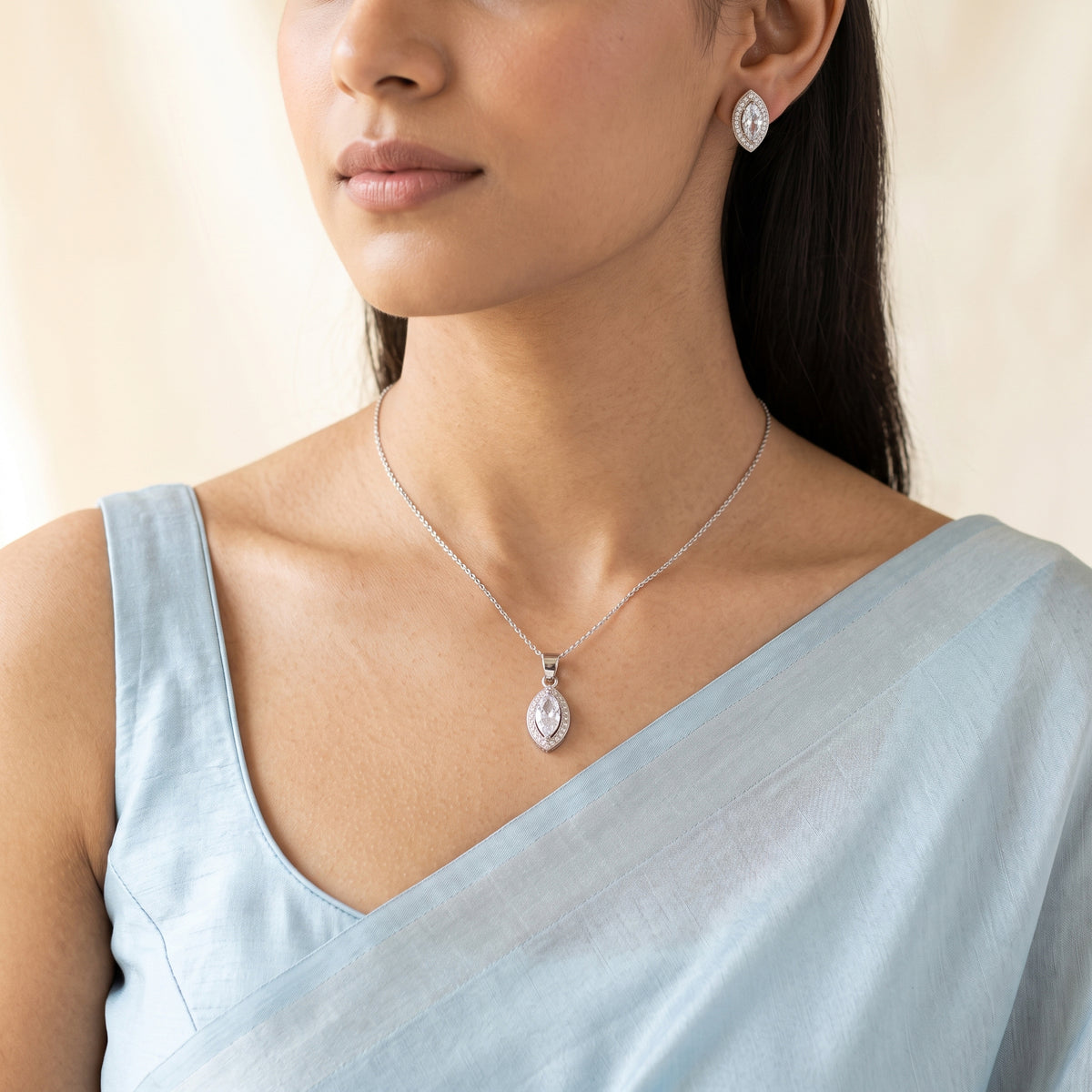 Silver Marquise Halo Pendant & Earring Set