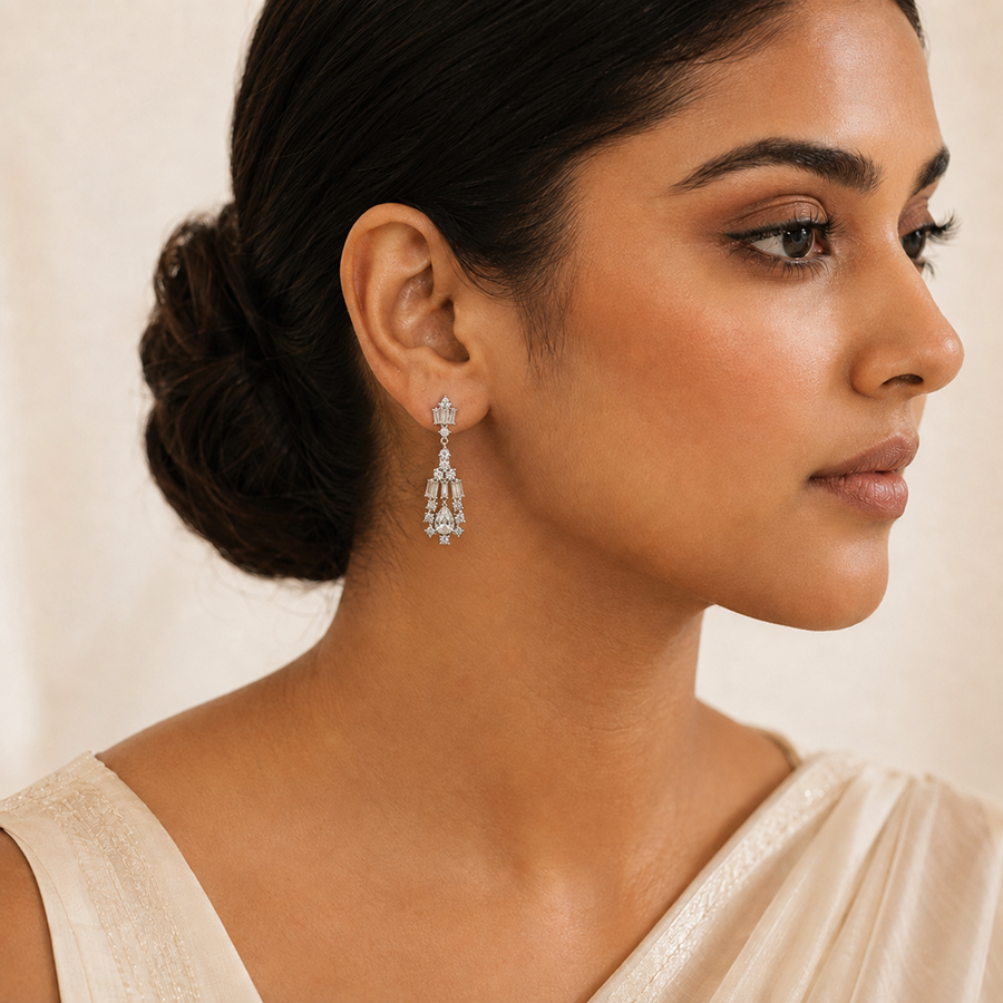 Silver Marquise and Baguette Cluster Drop Earrings